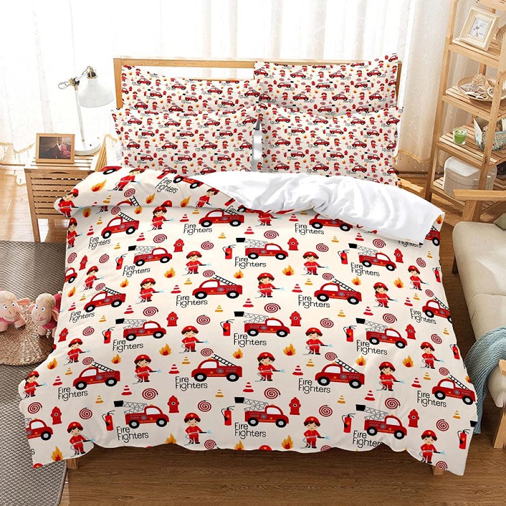 3D Printed Cartoon Fire Truck Bedding Set - Queen/King Size Duvet Cover & Pillowcases for Kids & Adults | Soft Comfortable Comforter Set for Bedroom Decor | Perfect for Themed Rooms, Birthday Gifts & Firefighter Enthusiasts