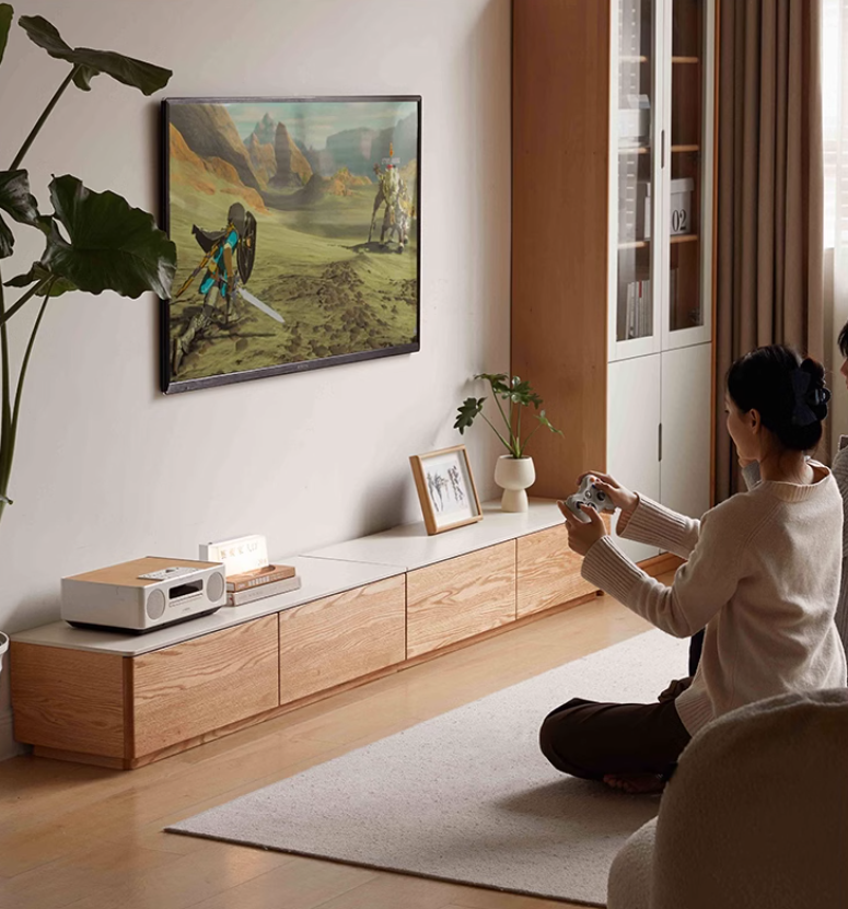 Solid Oak Wood Modern Rock Slab TV Stand - Stylish Floor TV Cabinet for Living Room, Bedroom & Home Theater