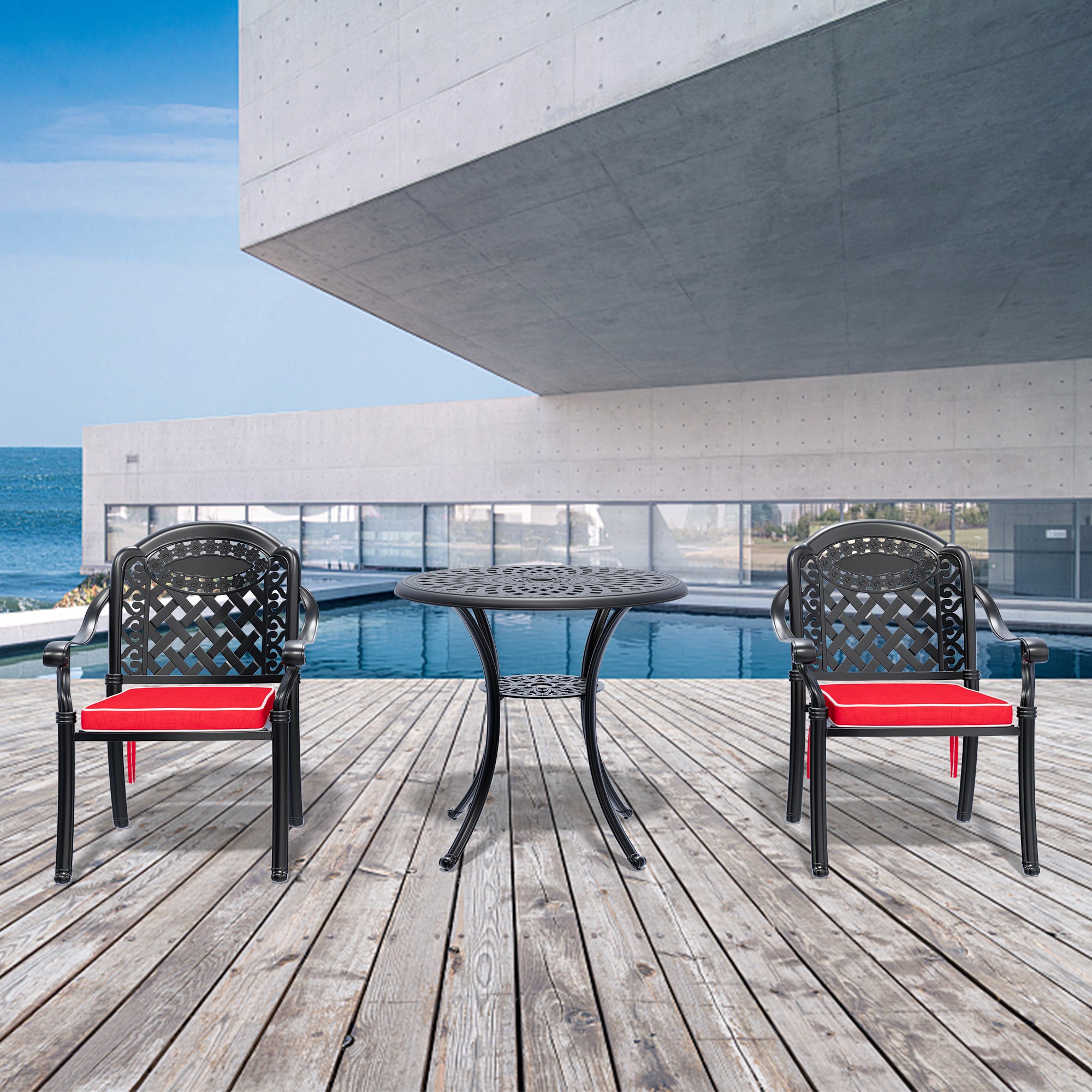 3-Piece Cast Aluminum Patio Furniture Set with Cushions - Outdoor Garden, Poolside & Backyard Lounge Seating - Random Color Cushions Included