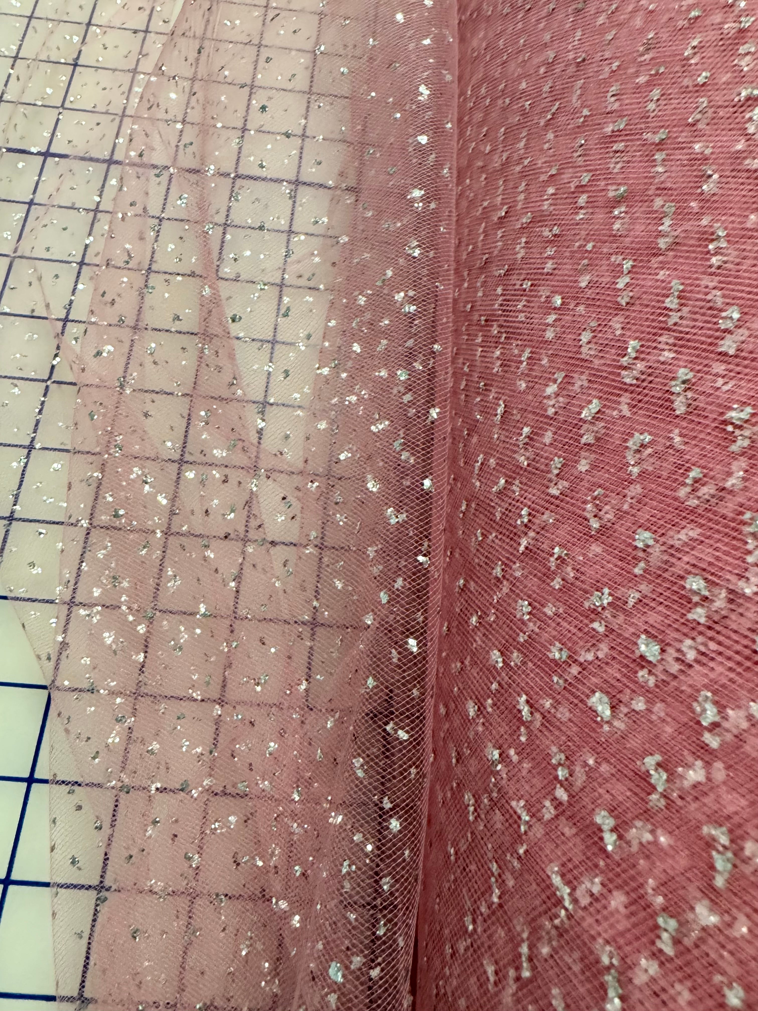 54 Inch Wide Enhanced Sparkle Tulle Fabric - Dusty Rose & Silver for Wedding Decorations, Party Backdrops, and DIY Craft Projects