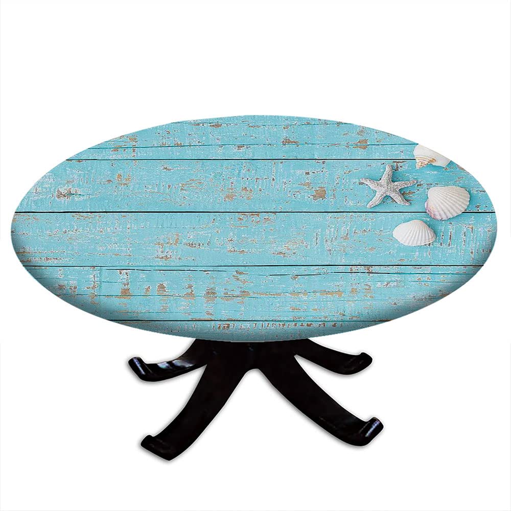 Ocean Blue Round Tablecloth with Elastic Edge - Waterproof & Wipeable Marine Theme Table Cover for 44
