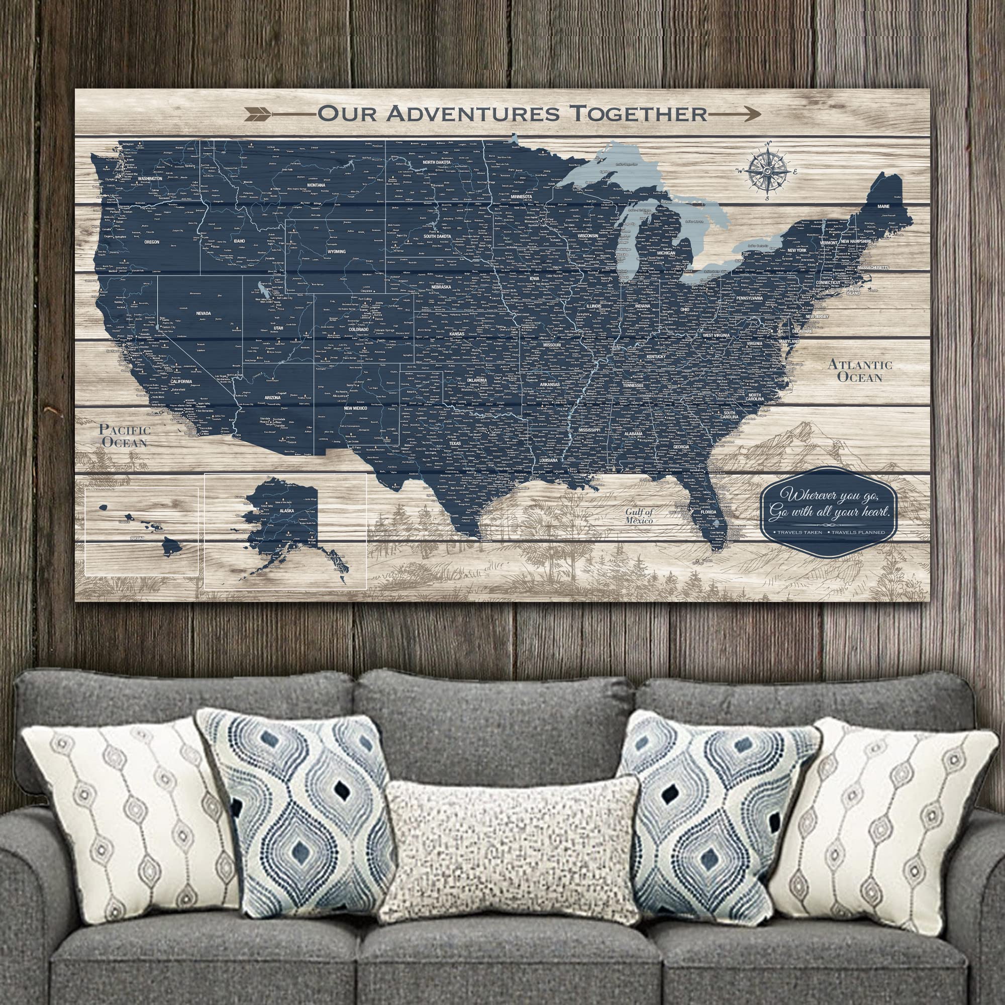Personalized USA Push Pin Travel Map - Rustic Woodgrain Canvas with National Parks & Navy Blue US Map - Perfect Travel Gift for Adventurers | Track Trips, Display Memories, Decorate Home Office