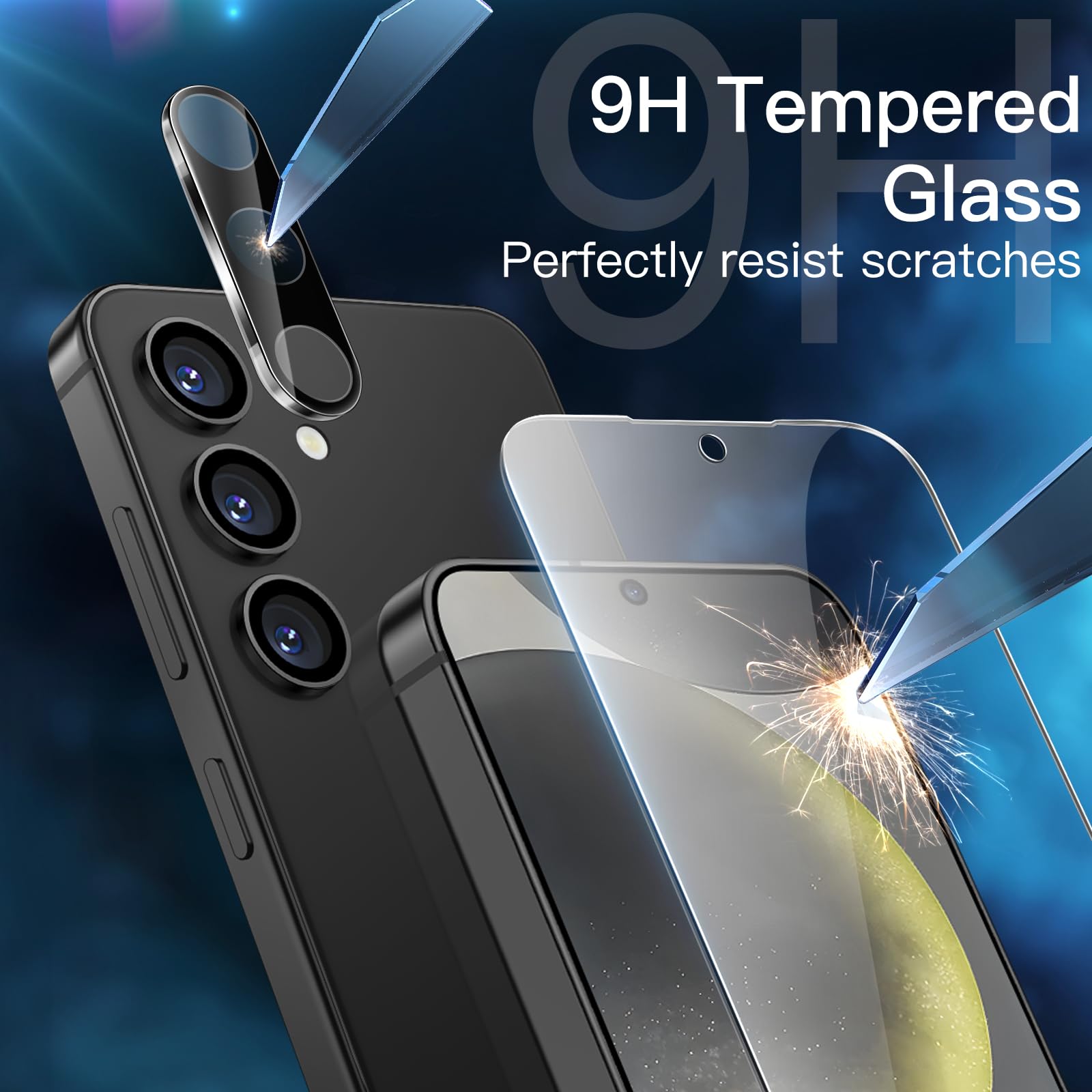 JETech 5-in-1 Matte Case for Samsung Galaxy S24+ / S24 Plus 5G - 2-Pack Tempered Glass Screen Protector & Camera Lens Protector, Translucent Back Protective Phone Cover (Dark Blue) - Perfect for Work, Travel & Everyday Protection