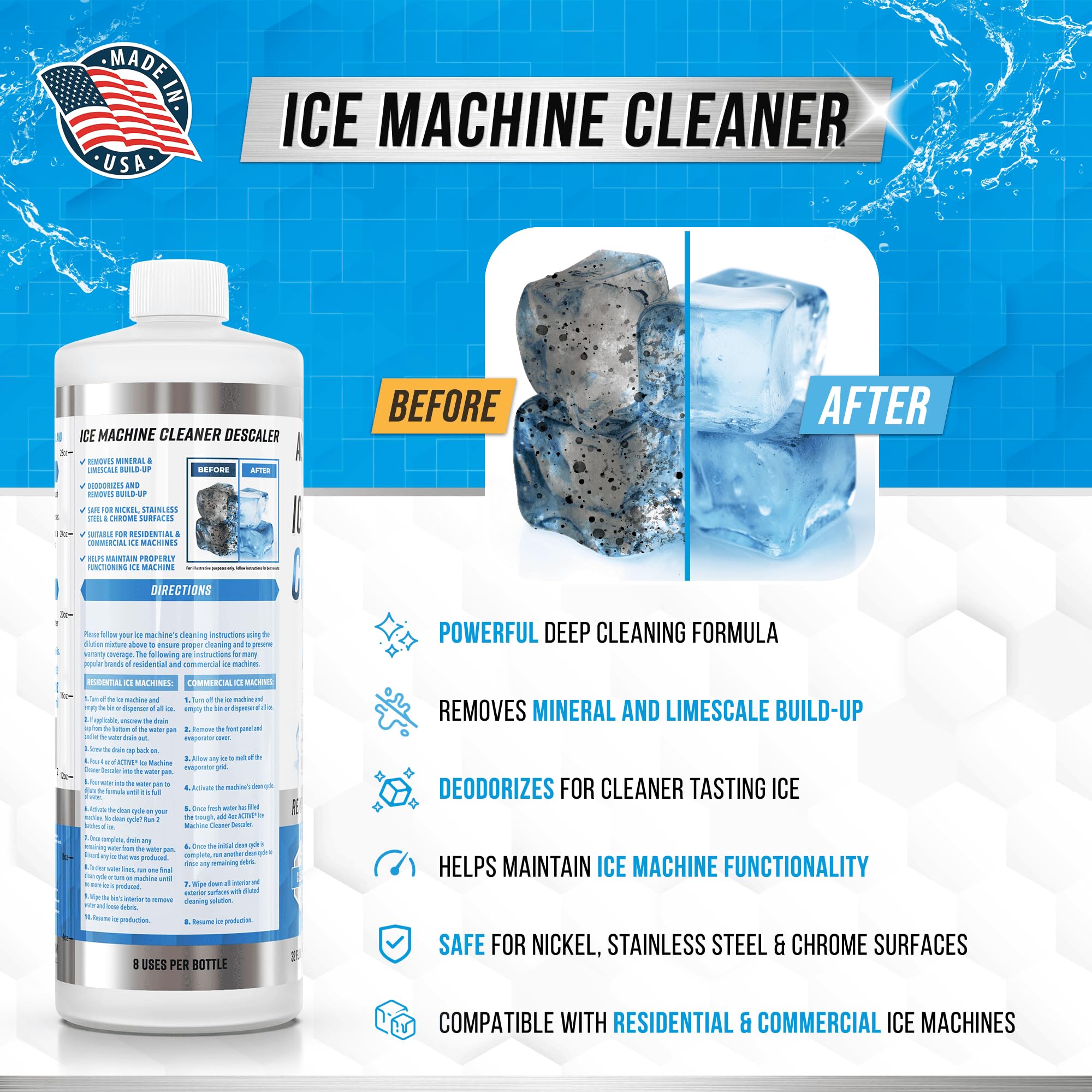 **32 fl oz Ice Machine Cleaner & Descaler - Nickel Safe Solution (8 Uses) | Compatible with Whirlpool 4396808, Scotsman, Manitowoc, Hoshizaki, GE Opal | Made in USA | Perfect for Commercial & Home Ice Makers**