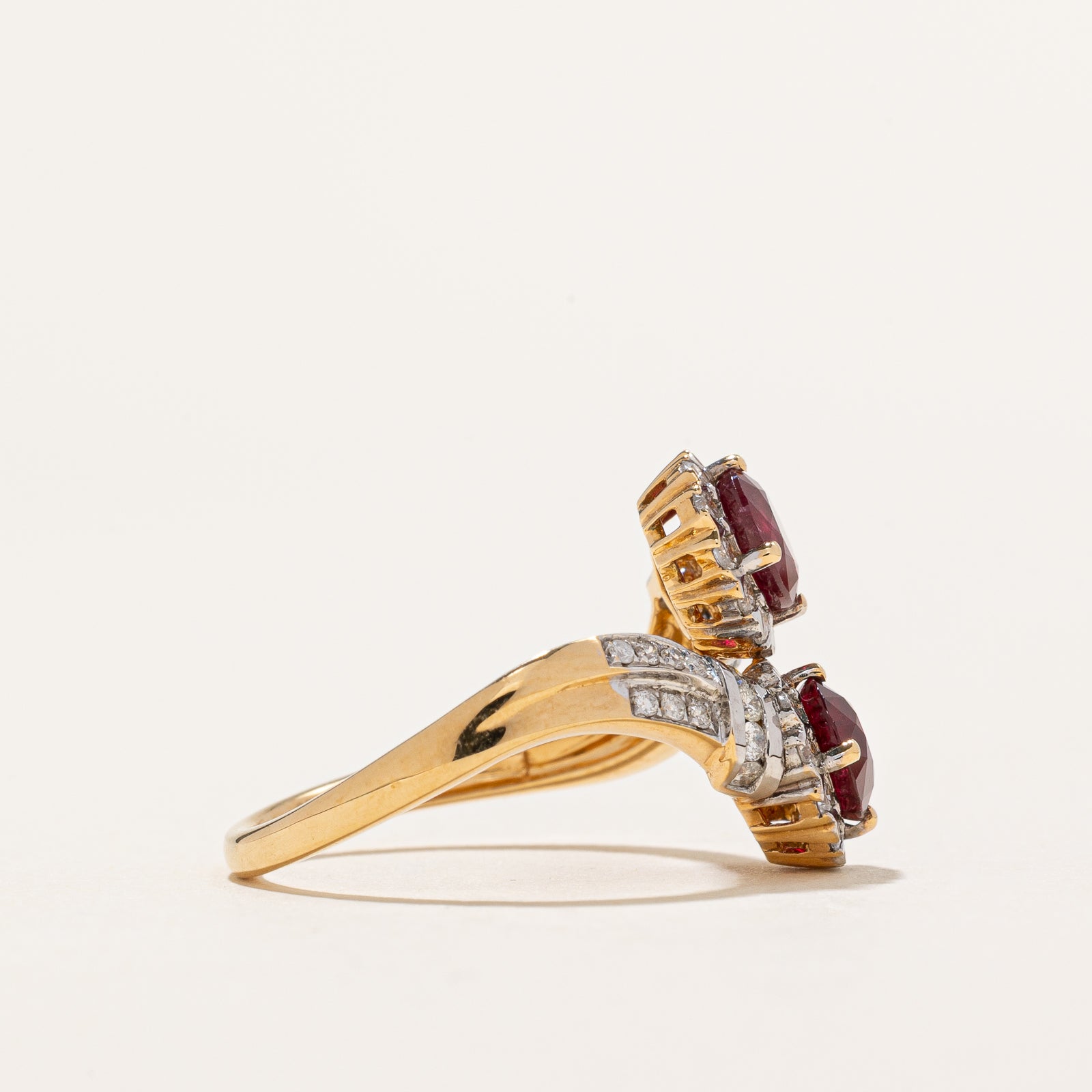 18K Gold Toi et Moi Vivid Red Ruby & Diamond Bypass Ring | 1.80ctw Ruby & 0.66ctw Diamond | Size 6.5 | Elegant Promise Ring, Anniversary Gift, Valentine's Day Jewelry for Her