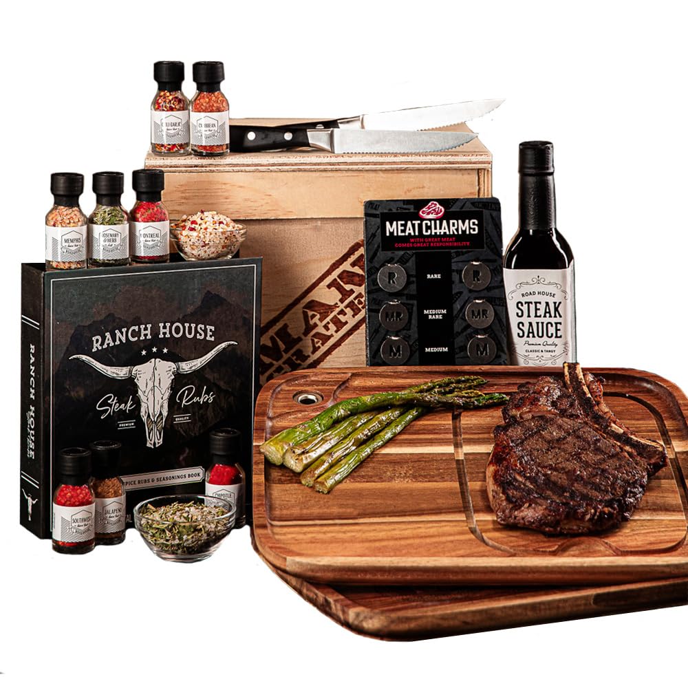 Man Crates Steak Night Crate - Premium Solid Wood Steak Plates, Professional Stainless Steel Knives, Unique Steak Charms & Gourmet Seasonings - Ultimate Steak Lover Gift Set for BBQ, Grilling & Special Occasions