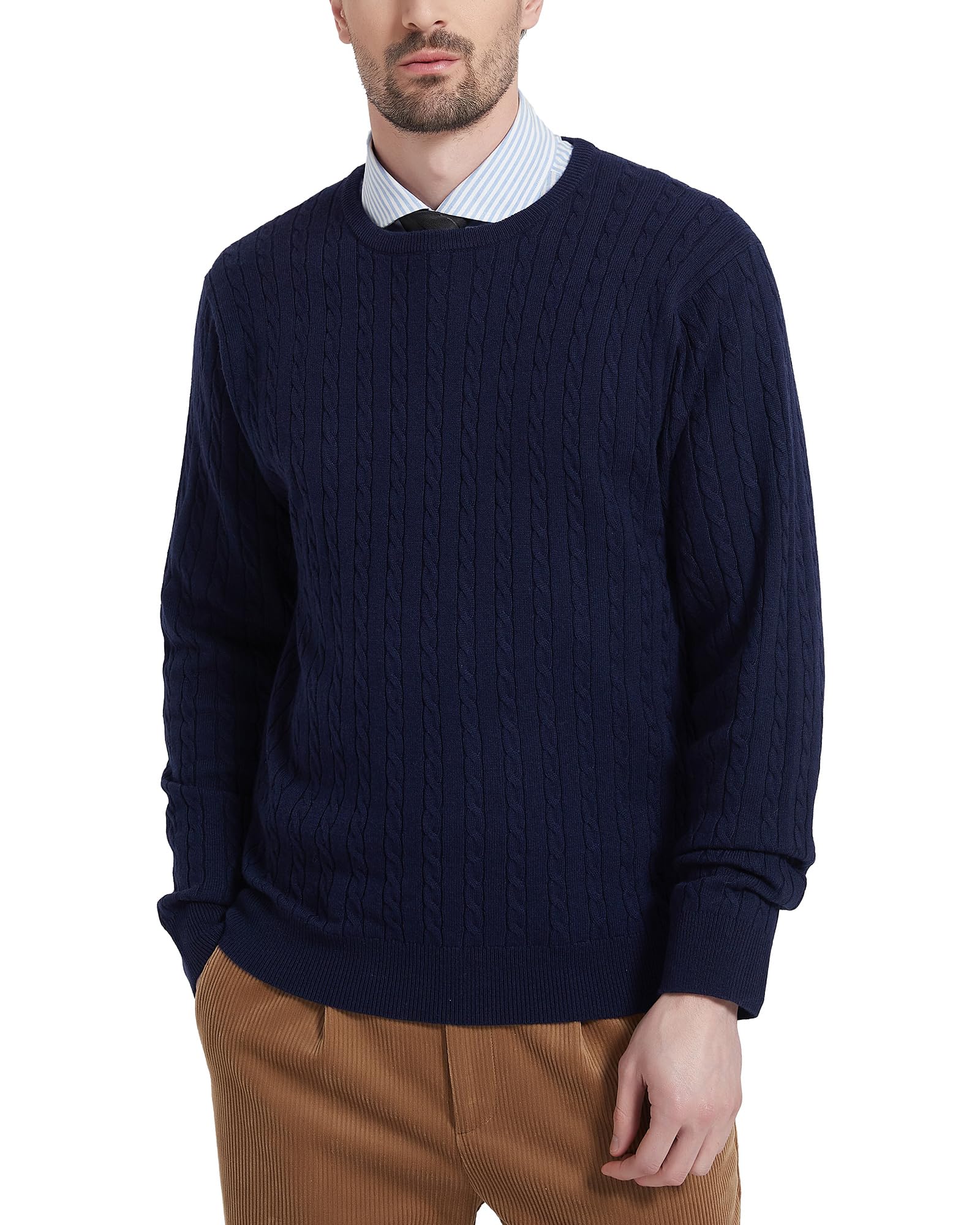 Kallspin Men's Cable Knit Sweater - Wool Blend Crewneck Pullover for Relaxed Fit | Perfect for Winter, Office Wear & Casual Outfits