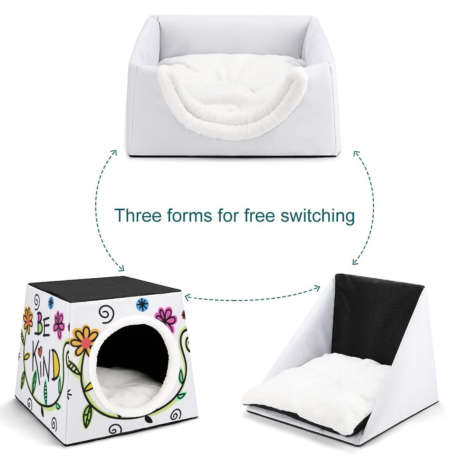 Printed Cat Houses & Condos - Foldable Cat Cube Bed with Removable Pillow (Flowers/Letters Design) - Cozy Pet Sofa for Indoor Cats - Perfect for Napping, Playing & Relaxing