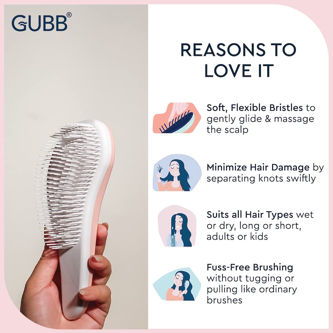 GUBB Mini Detangling Hair Brush for Women, Men & Kids - Wet & Dry Hair Comb with Smooth Glide Technology | Perfect for Travel, Home & Salon Use