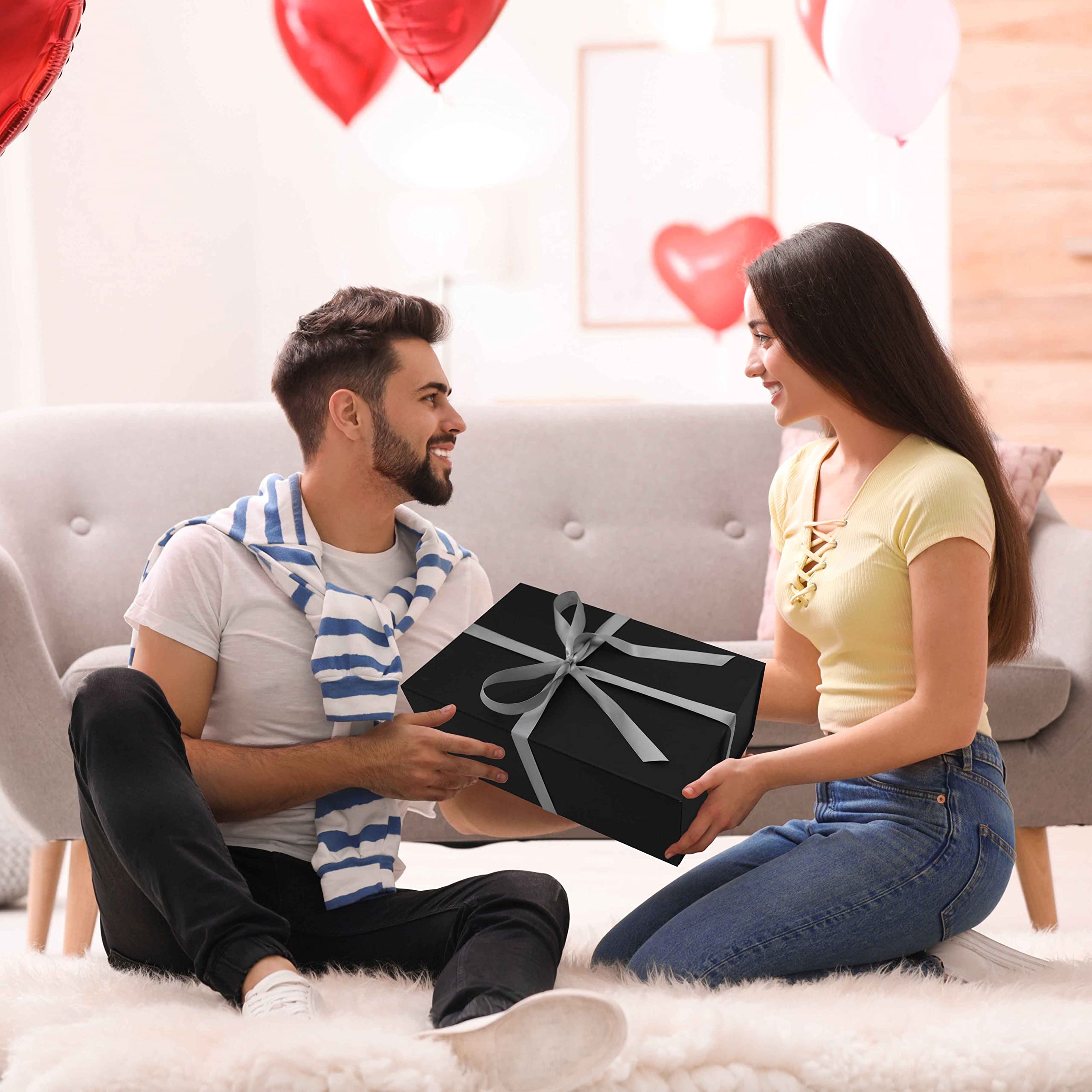 AuroWish 3 Pack Large Gift Boxes for Presents - 12.5 x 8.5 x 4.75 Inches Black Magnetic Lid Collapsible Gift Box with Ribbons - Perfect for Christmas, Bridesmaid Proposals, Weddings, Birthdays & Special Occasions