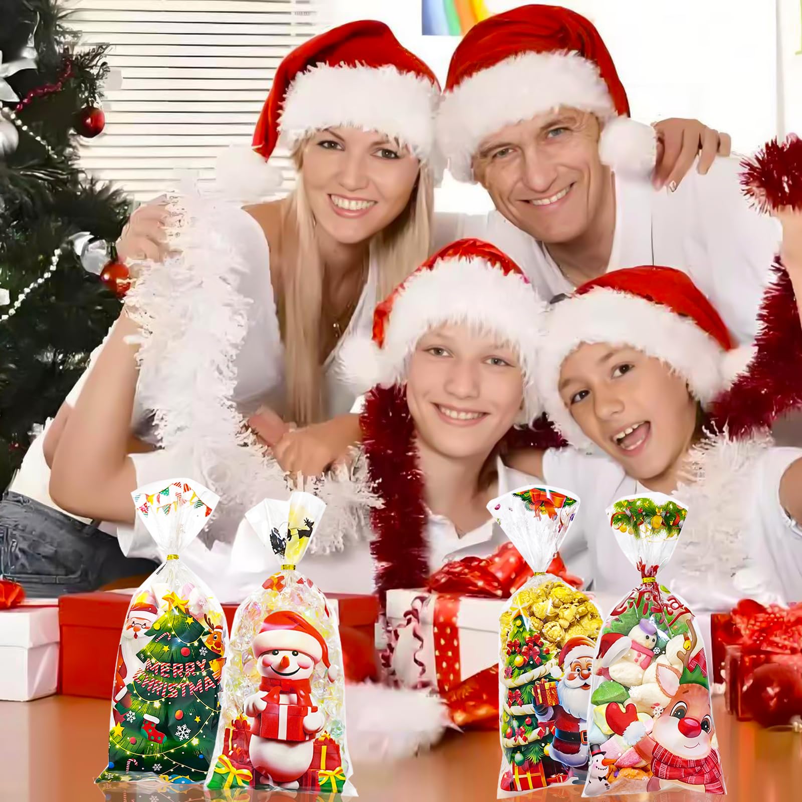 60 PCS Clear Christmas Treat Bags with Ties - Cellophane Candy Bags for Holiday Snacks, Gifts & Party Favors | 4 Styles | Perfect for Christmas Parties, Gift Wrapping & Goodie Bags