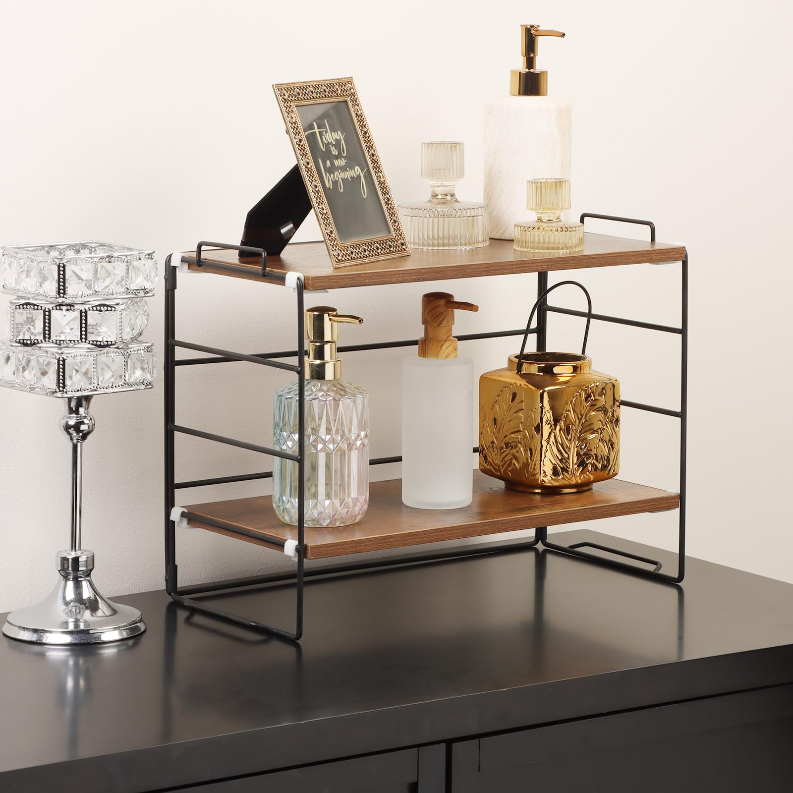 Premium Wooden Desk Organizer - 2-Tier Adjustable Stackable Desktop Shelf for Office Supplies, Books & Decor | Space-Saving Storage Solution for Home Office, Kitchen Counter & Bathroom | 15.75