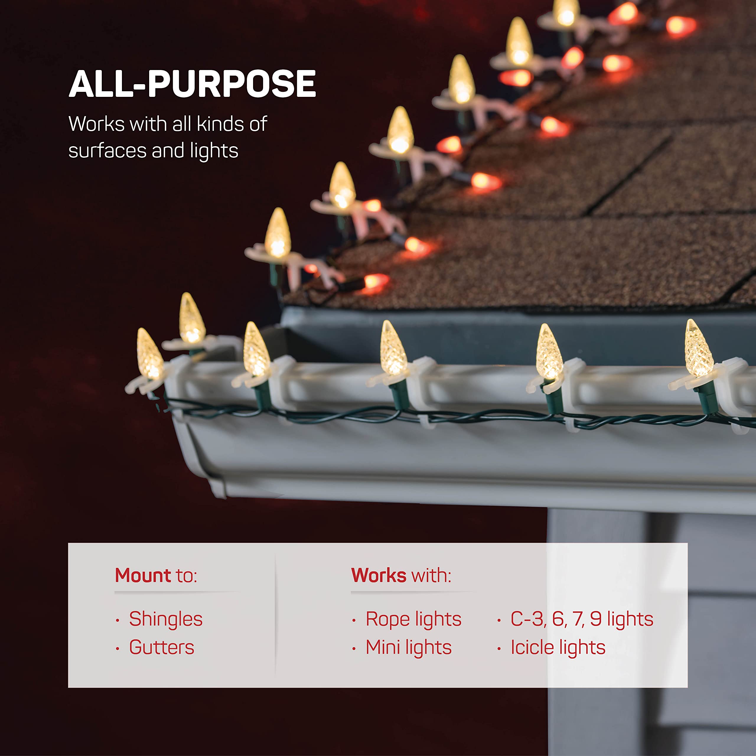 400-Pack All-Purpose Christmas Light Clips for Outdoor Holiday Decorations - Universal Fit for Mini, C6, C7, C9, Rope & Icicle Lights - Easy Gutter & Shingle Mounting - No Tools Needed - Made in USA - Perfect for Roof, Fence & Deck Lighting