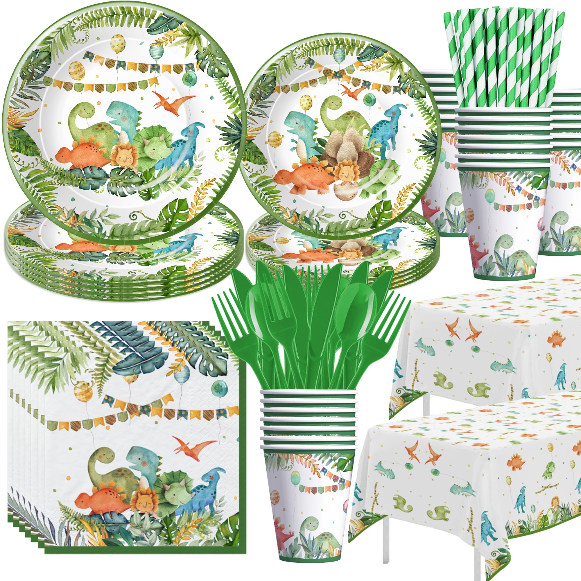 Dinosaur Birthday Party Supplies Set - Watercolor Dino Theme Baby Shower Decorations with Plates, Cups, Napkins, Tablecloth & Cutlery for 24 Guests | Perfect for Kids' Birthday Parties, Baby Showers & Themed Events