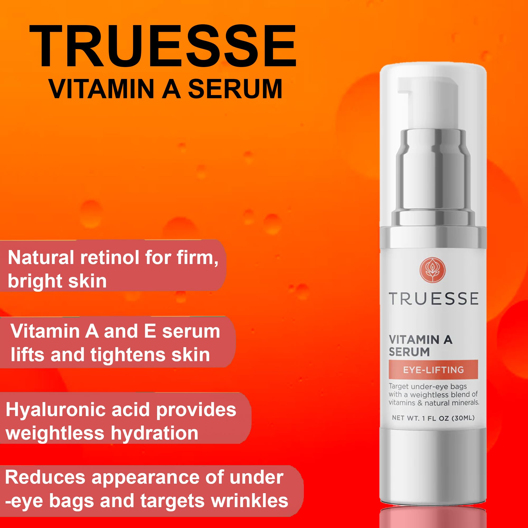 TRUESSE Vitamin A & E Serum for Under-Eye Bags - Ayurvedic Firming & Tightening Face Serum (1 fl oz) - Reduce Dark Circles & Wrinkles for Youthful Skin | Perfect for Night Routine & Anti-Aging Skincare