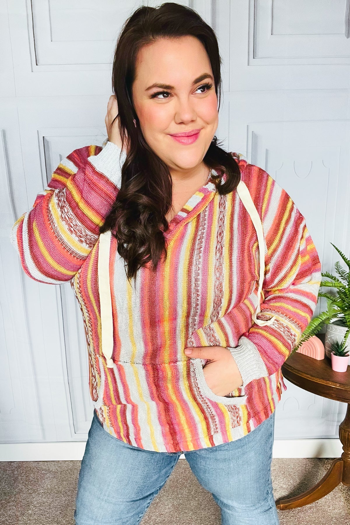 Be Bold Coral & Sienna Stripe Pullover Hoodie with Notched Neck | Women's Casual Sweatshirt for Fall Fashion, Streetwear & Cozy Loungewear