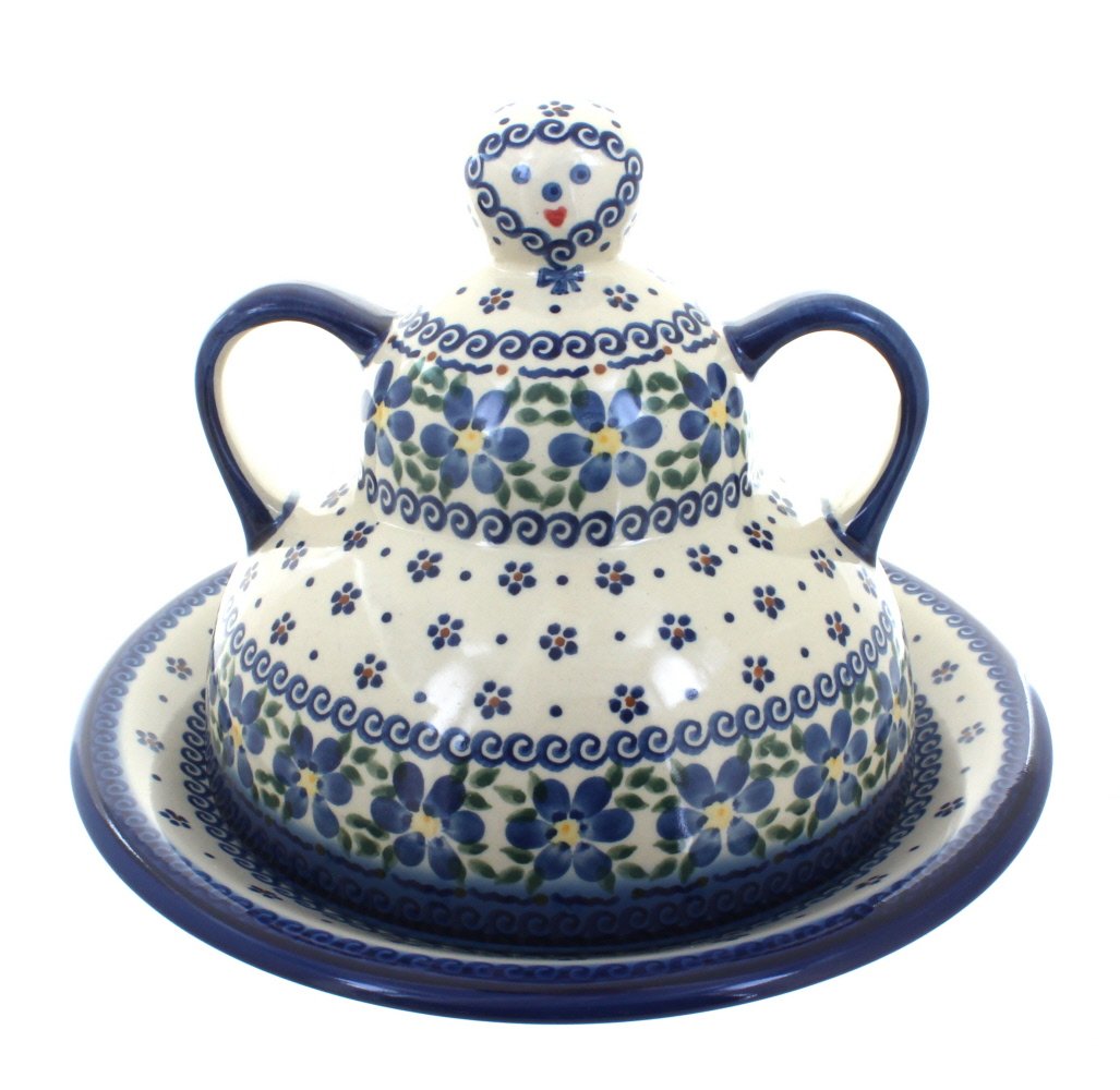 Hand-Painted Blue Rose Polish Pottery Cheese Plate - Spring Blossom Design - Perfect for Cheese Serving, Charcuterie Boards & Home Decor