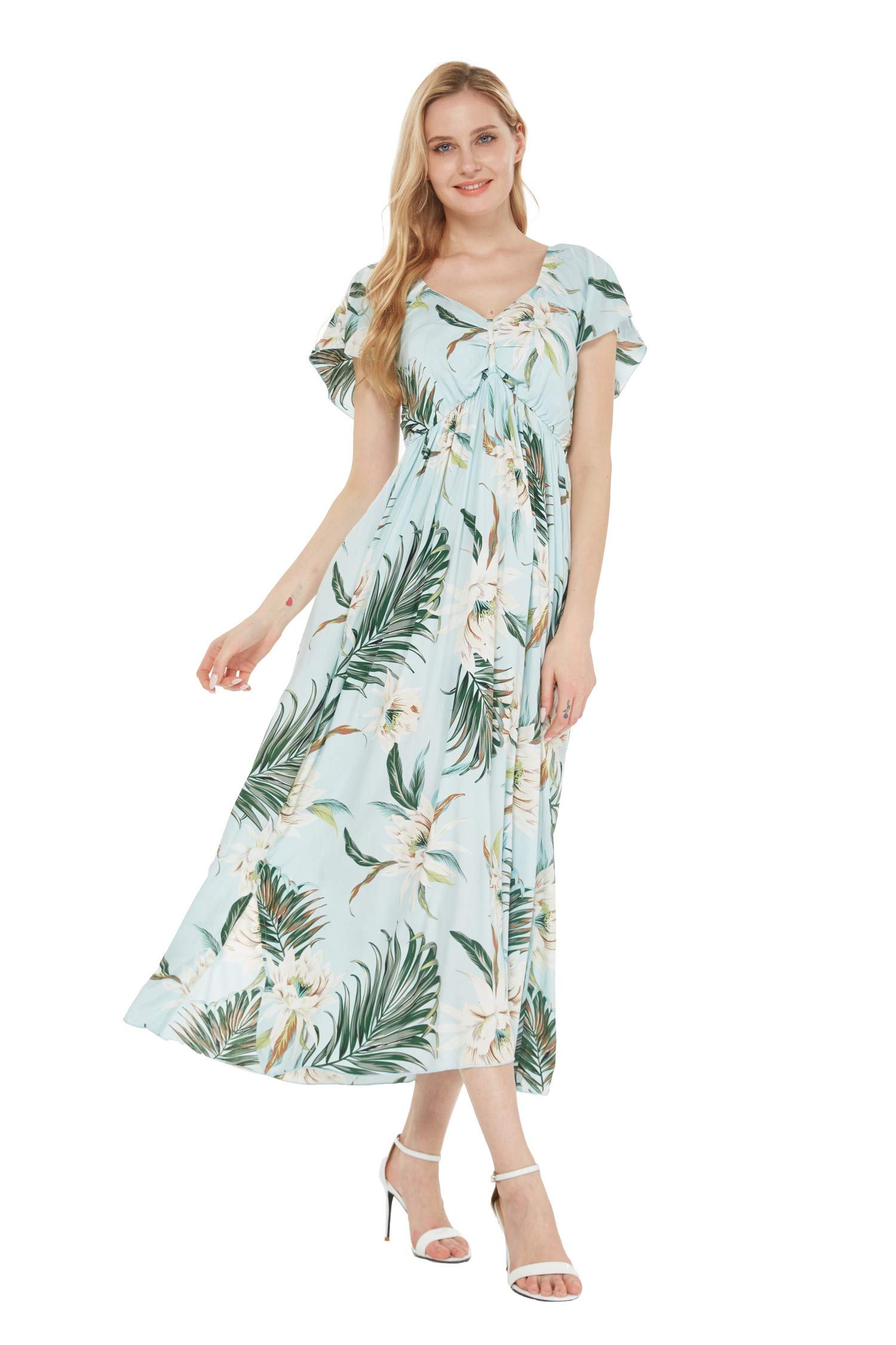 Hawaiian Luau Outfit for Mother and Son - Matching Rahee Tank Dress & Shirt Set in Light Blue Wispy Cereus | Perfect for Beach Vacations, Family Photos & Tropical Themed Parties