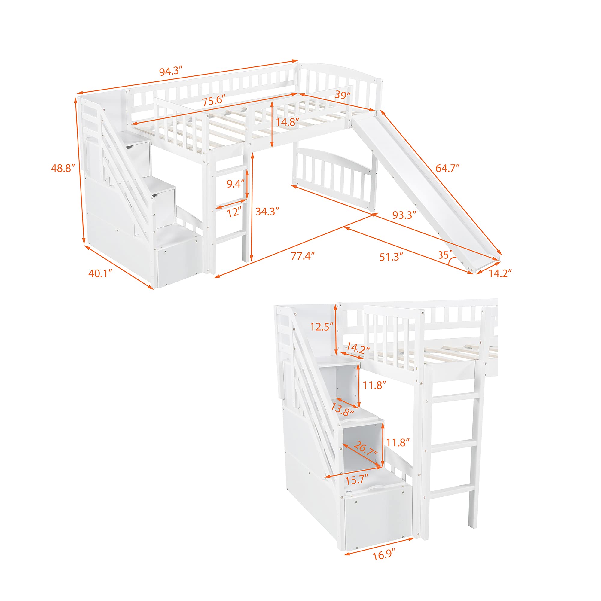 Harper & Bright Designs Twin Size Wooden Loft Bed with Slide & Stairway - Low Bunk Bed with Storage for Kids, Girls & Boys (White) - Perfect for Small Bedrooms, Playrooms & Kids' Shared Spaces