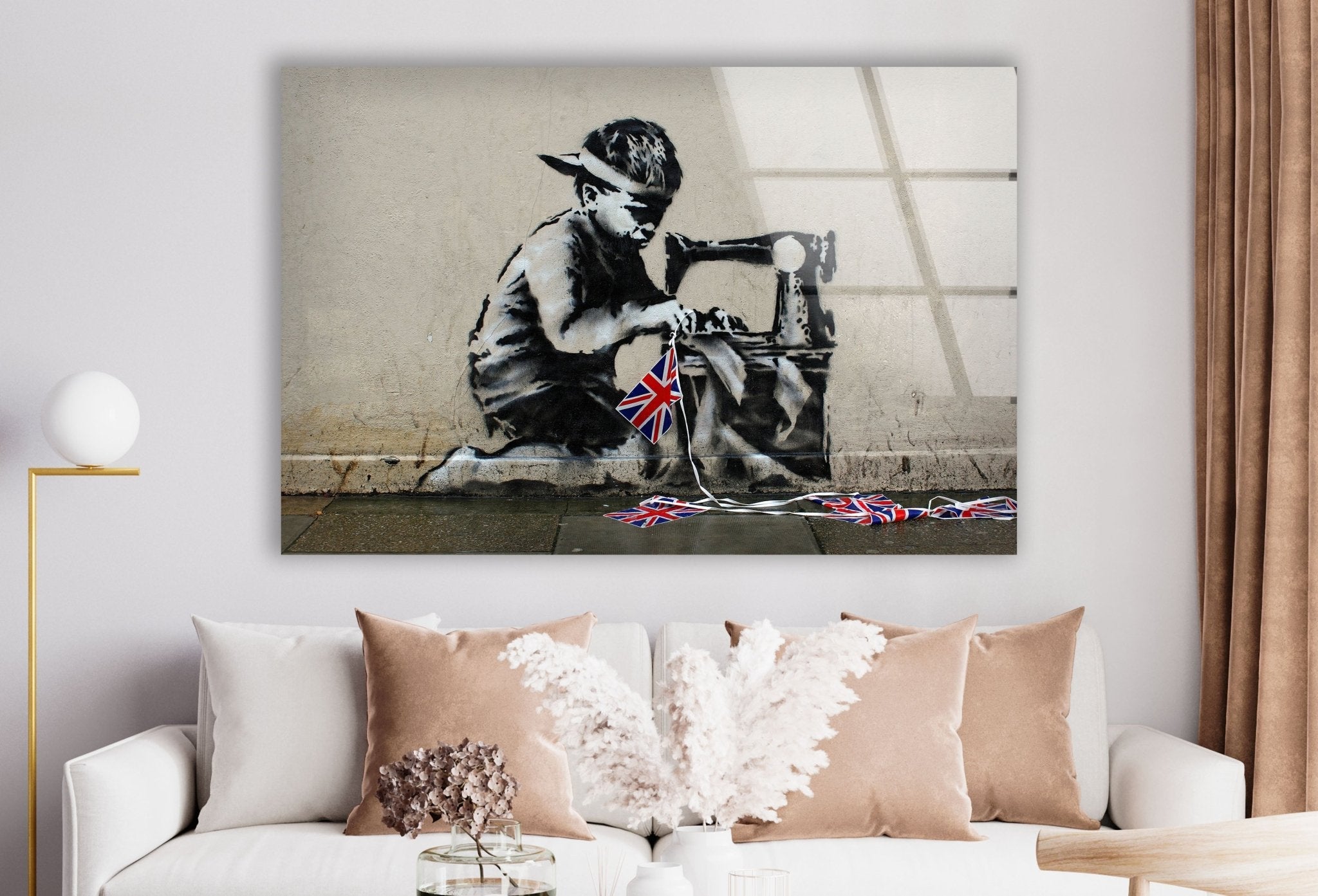 Banksy UK Flag Glass Wall Art - Modern British Street Art Decor for Living Room, Office & Gifts