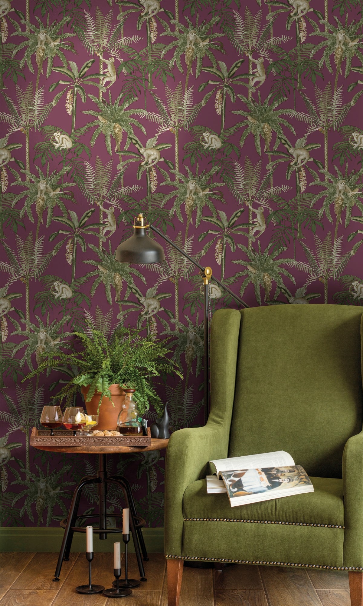 Berry Monkey Climbing in Trees Tropical Wallpaper R8997 - Vibrant Jungle-Themed Peel & Stick Wallpaper for Nursery, Kids Room, or Home Decor