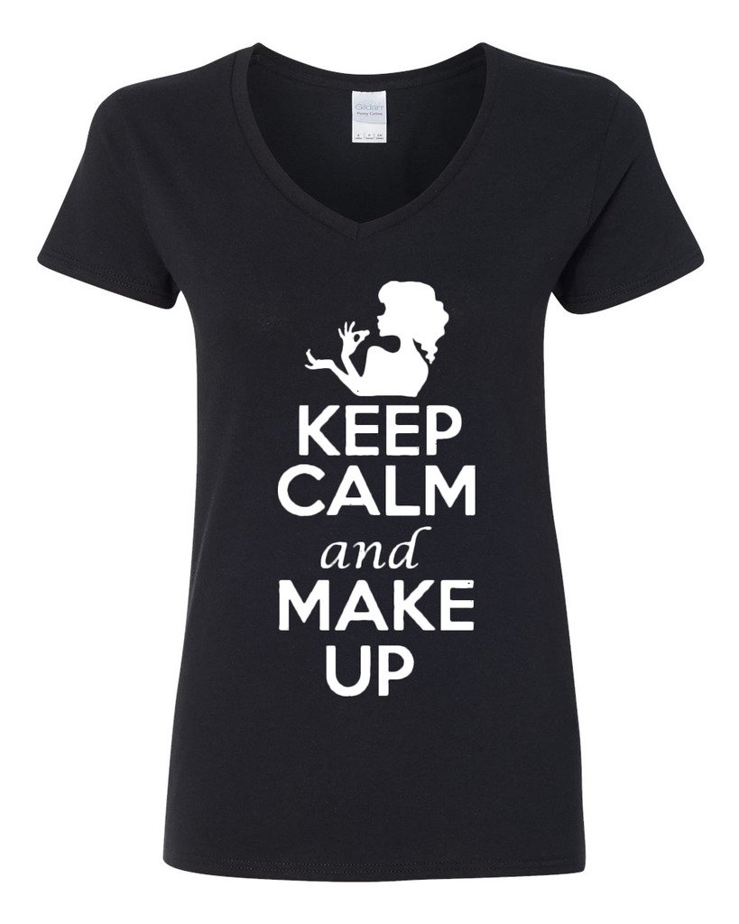 Keep Calm and Make Up On Funny V-Neck T-Shirt for Women - Cute Beauty Fashion Tee for Casual Wear, Parties & Gifts