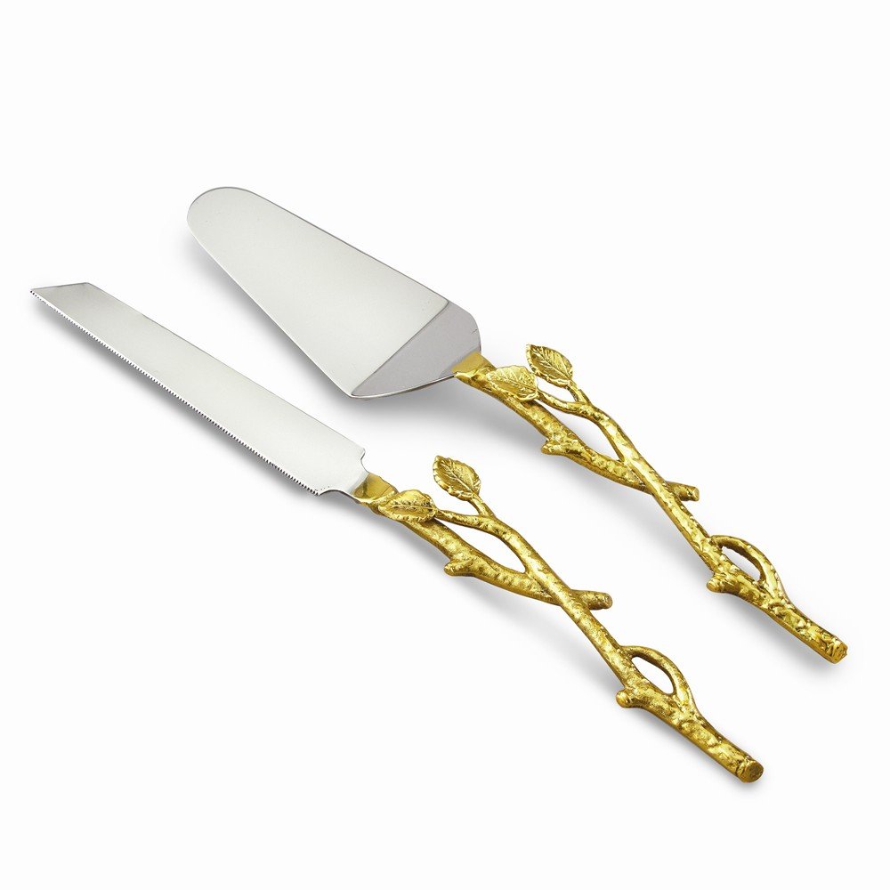 Luxury Stainless Steel Golden Vine Cake Knife Set - Elegant Wedding, Anniversary & Special Occasion Dessert Serving Cutlery for Cake Cutting and Presentation