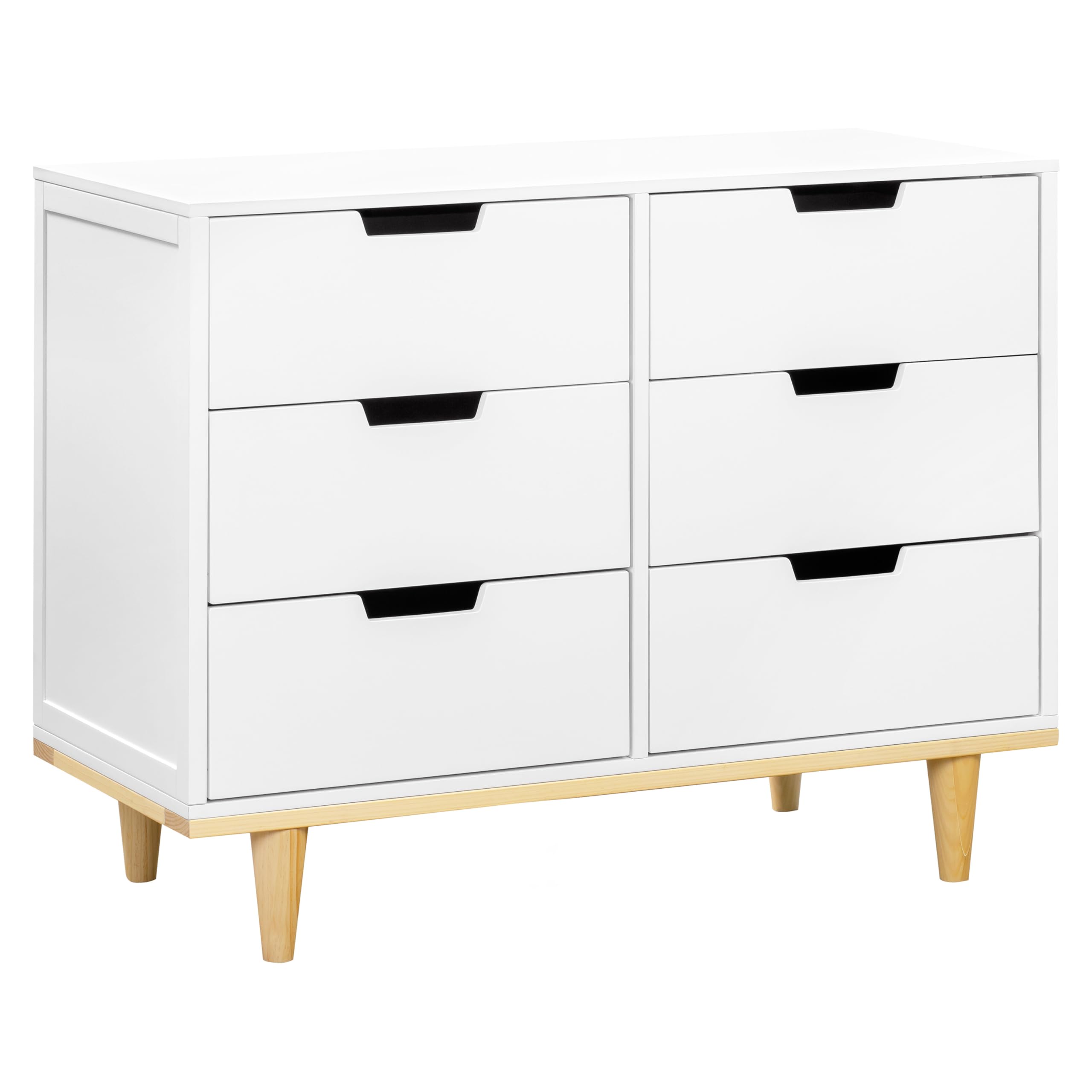 DaVinci Marley 6-Drawer Double Dresser in White Finish with Natural Wood Legs - Stylish Nursery or Bedroom Storage Furniture for Organizing Baby Clothes and Bedding
