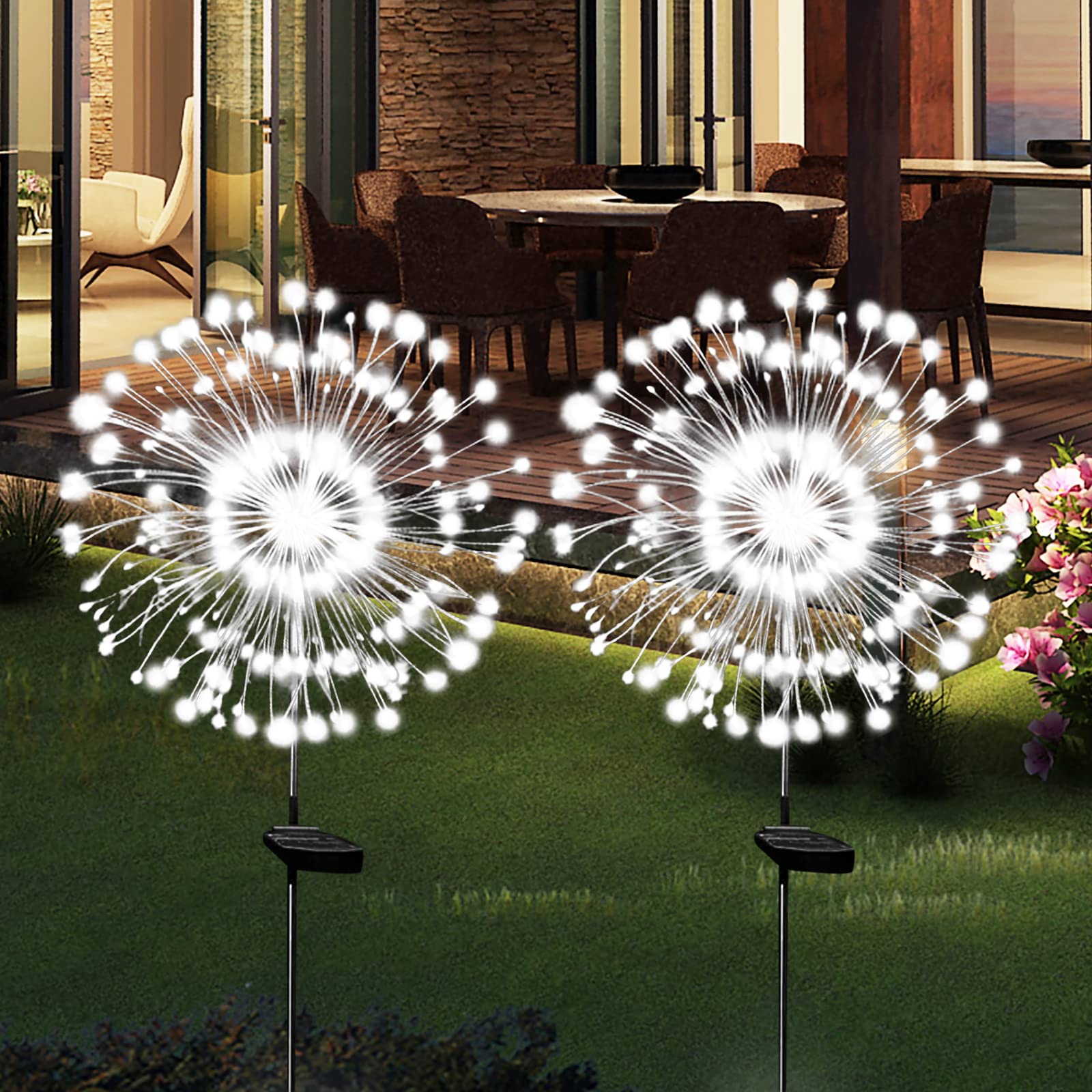 180 LED Solar Garden Lights - Waterproof Outdoor Solar Firework Stake Lights, 2 Pack Solar Powered Twinkle String Lights for Yard, Pathway, Patio Decor (White) | Perfect for Backyard, Garden, Walkway & Landscape Lighting