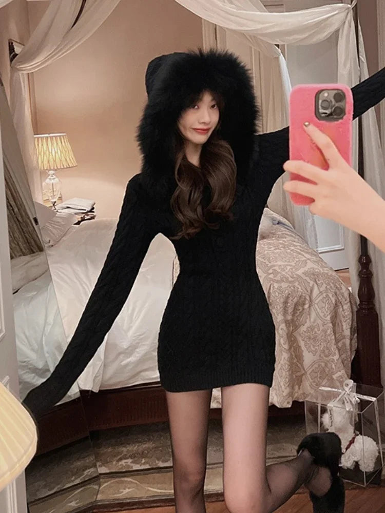 2023 Winter Knitted Hooded Sweater Dress for Women - Slim Bodycon Y2K Mini Dress with Faux Fur Trim, Korean Elegant One Piece Dress | Perfect for Christmas Parties, Date Nights & Casual Outfits