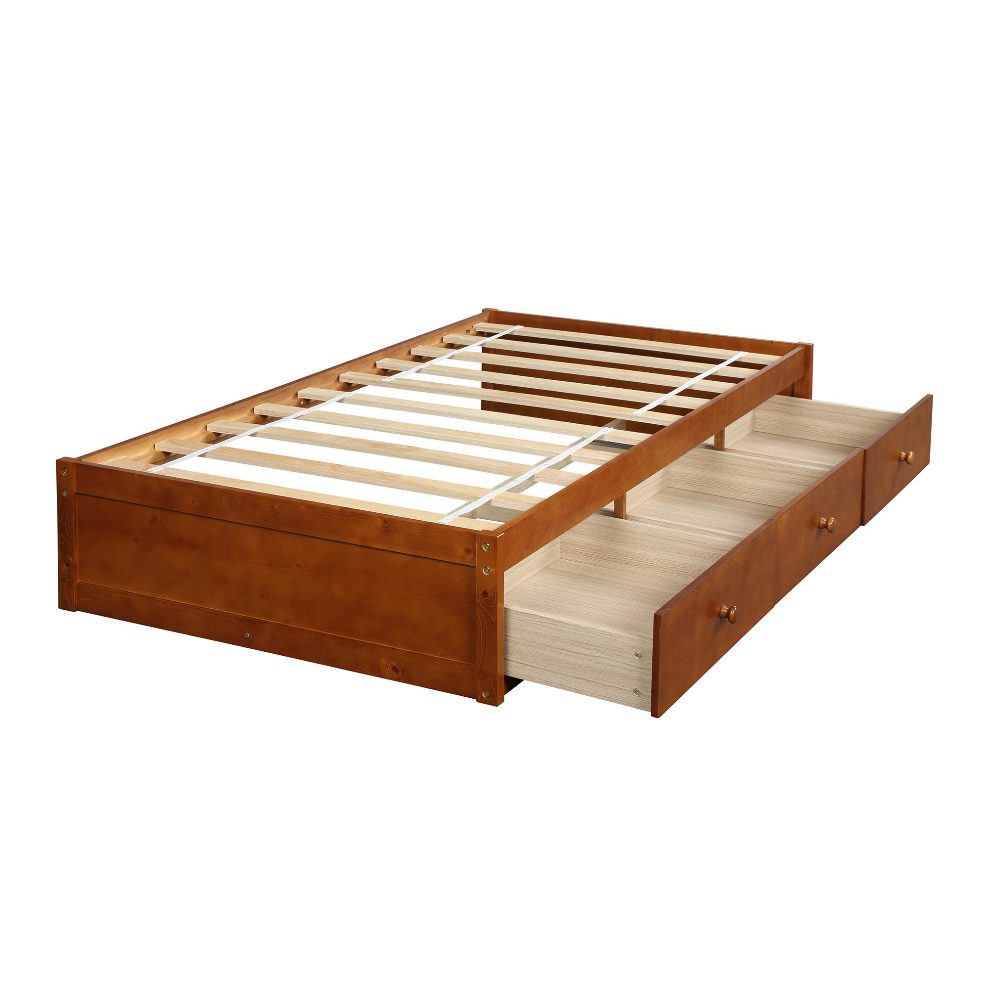 Solid Oak Wood Platform Bed Frame with 3 Storage Drawers - Wood Slat Support System - No Box Spring Required - Modern Minimalist Bedroom Furniture for Small Spaces & Apartments