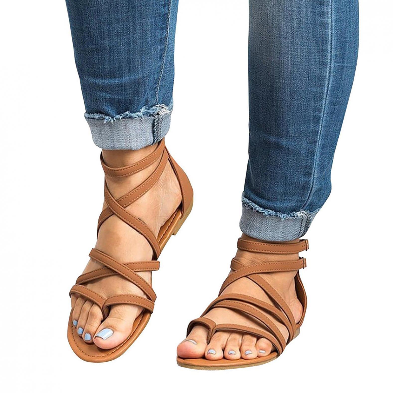 Women's Summer Casual Flat Sandals - Strappy Gladiator Sandals with Ankle Strap (Size 8) | Comfortable Beach Walking, Outdoor Vacation & Daily Wear Sandals