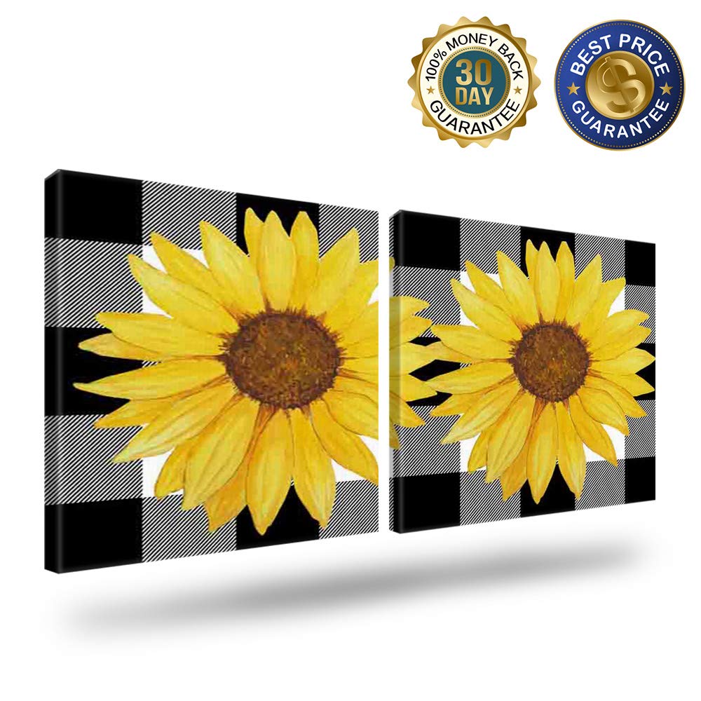 2-Piece Sunflower Canvas Wall Art Set - Autumn Plaid Farmhouse Decor for Living Room, Bedroom, Kitchen & Bathroom - Framed 16x16 Inch Panels - Perfect for Fall Home Decor & Cozy Interior Design