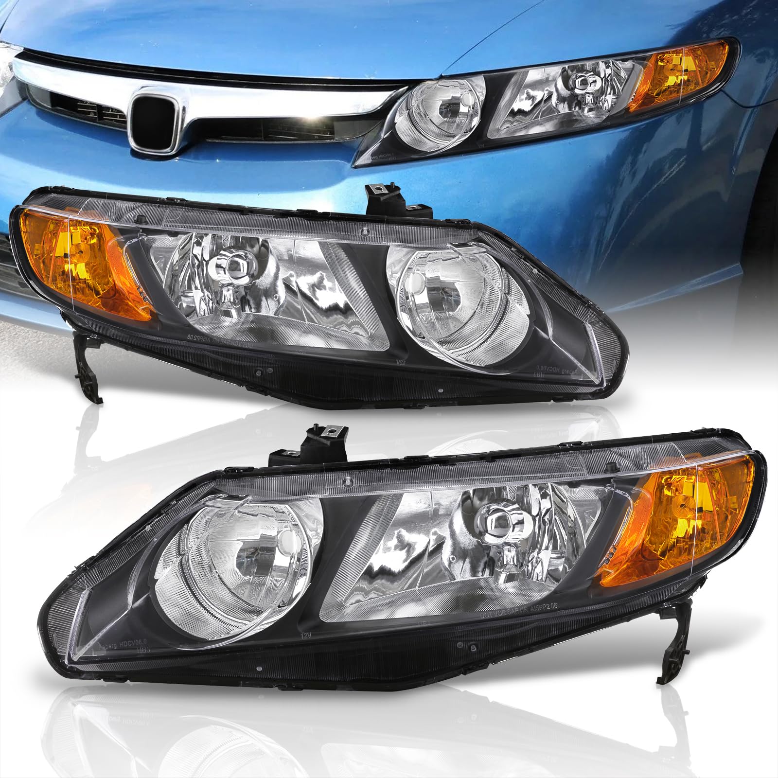 Black Housing Clear Lens Headlights for Civic Sedan 2006-2011 - Amber Reflector Bumper Lamps Pair for Night Driving