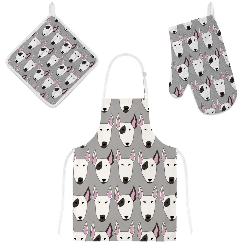 Bull Terrier Dog Print Adjustable Kitchen Apron Set with Pockets - 3 Piece Cooking Accessories (Apron, Oven Mitt & Pot Holder) for Baking, Grilling & Home Cooking - Microwave Safe & Heat Resistant