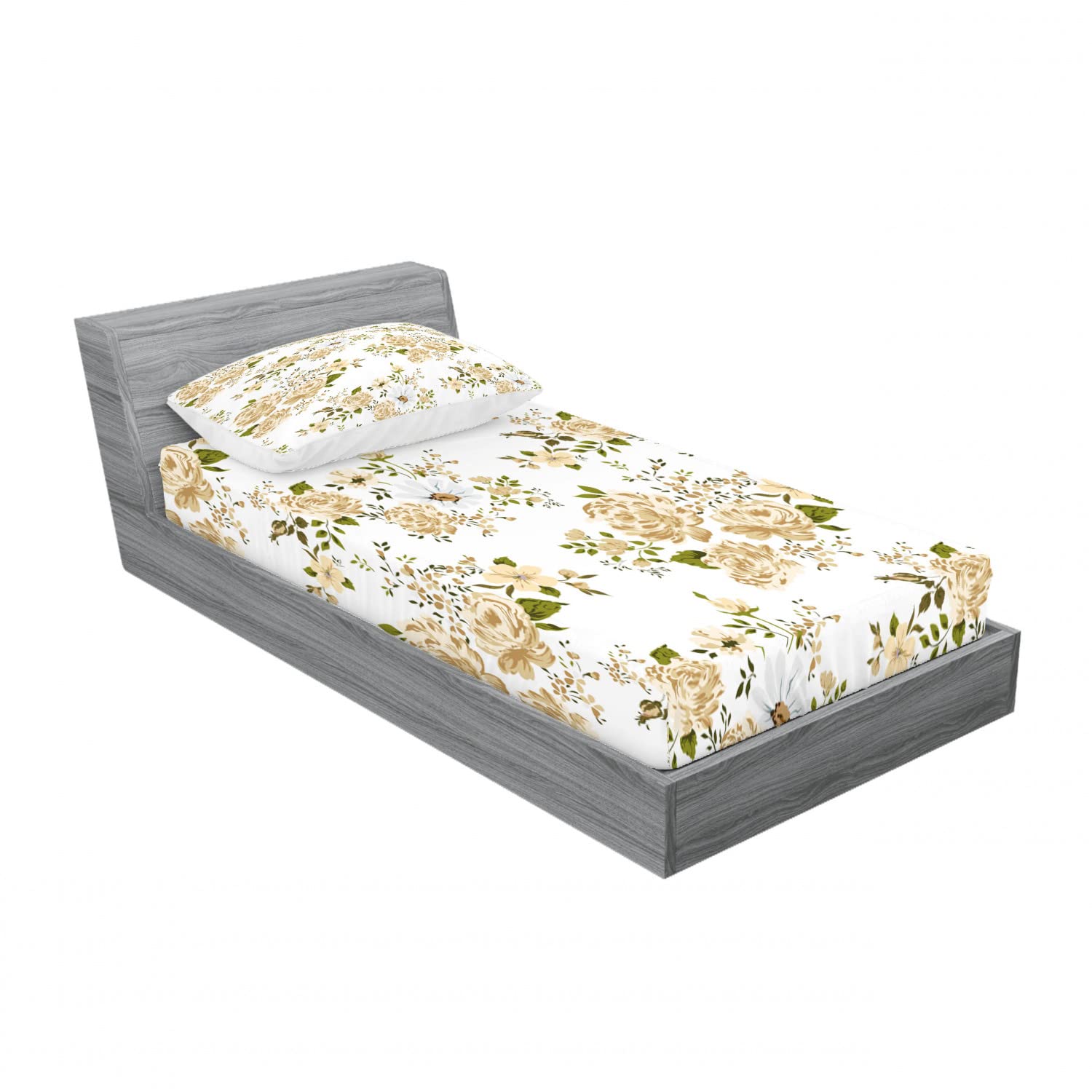 Ambesonne 2-Pack Twin Floral Rose Fitted Sheet & Pillow Sham Set - White & Beige Bedding Decor for Guest Room, Dorm, or Kids' Bedroom