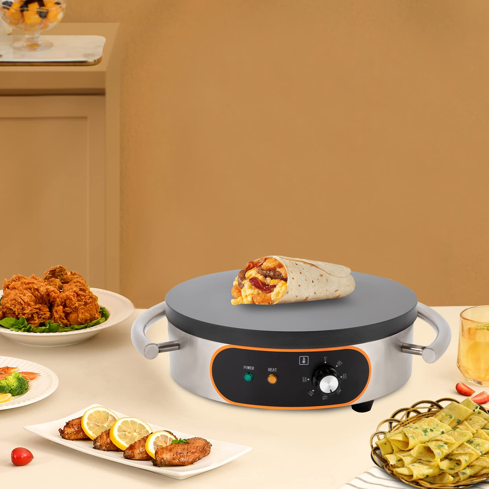 1500W Commercial Electric Crepe Maker - 16 Inch Non-Stick Pancake Griddle with Adjustable Temperature (50°F-300°F) for Restaurants, Bakeries & Snack Bars - Perfect for Making Crepes, Pancakes, Tortillas & More