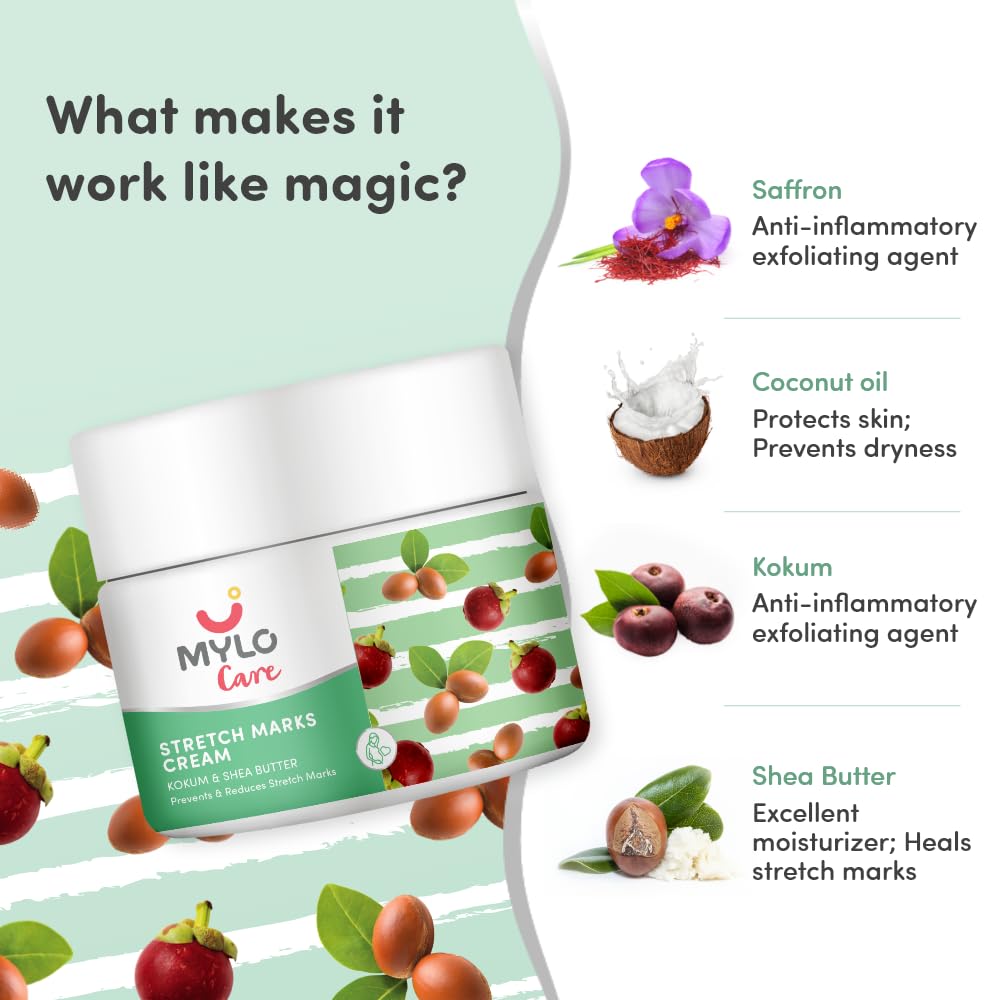 **Mylo Care Stretch Marks Cream for Pregnancy - Shea Butter, Saffron, Kokum Butter & Aloe Vera - Toxin-Free, No Mineral Oils - 100ml (Pack of 1) - Perfect for Pre & Postpartum Skin Hydration & Scar Reduction**