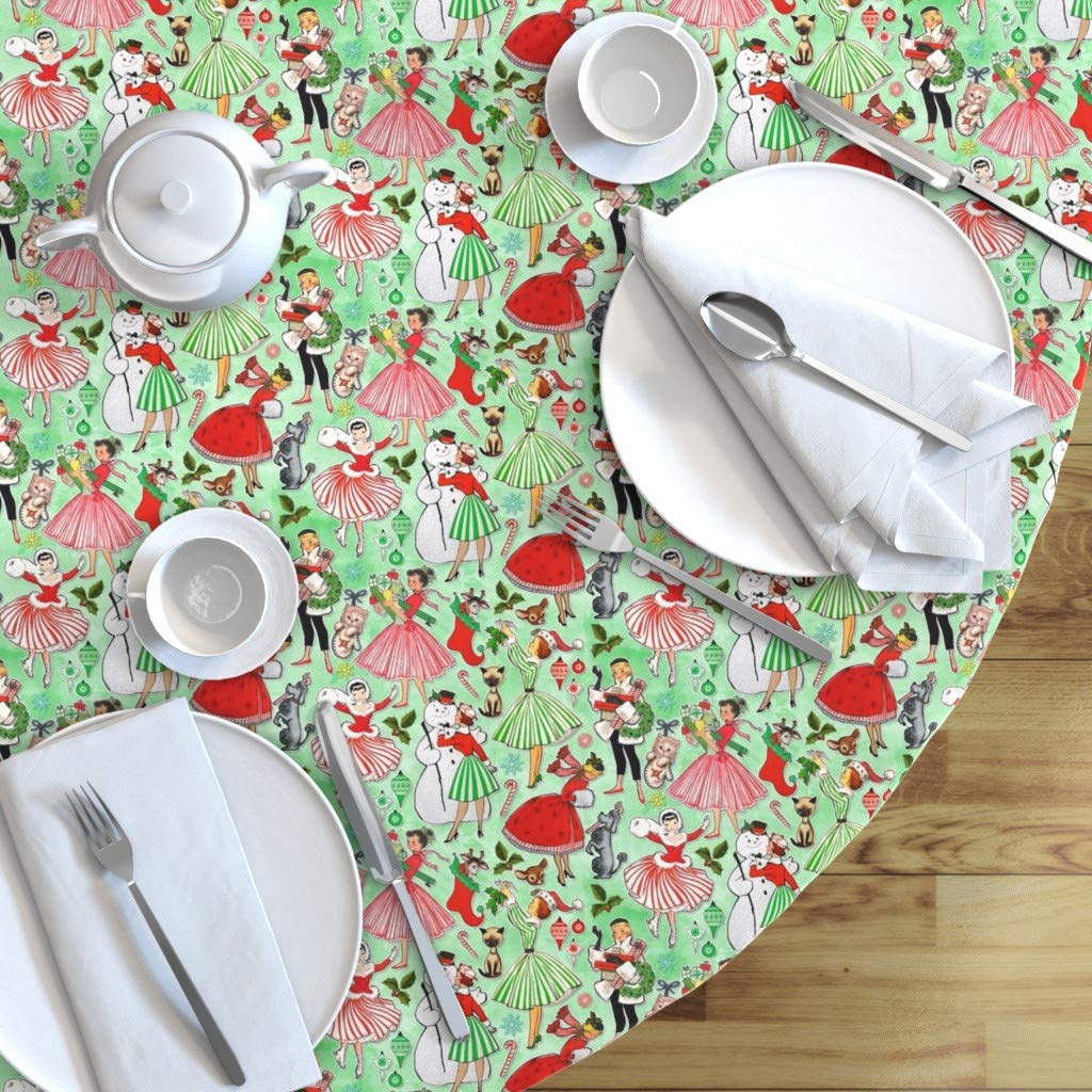 Vintage Christmas Pinup 1950s Retro Snowman Candy Canes Winter Print Cotton Sateen Tablecloth - 70