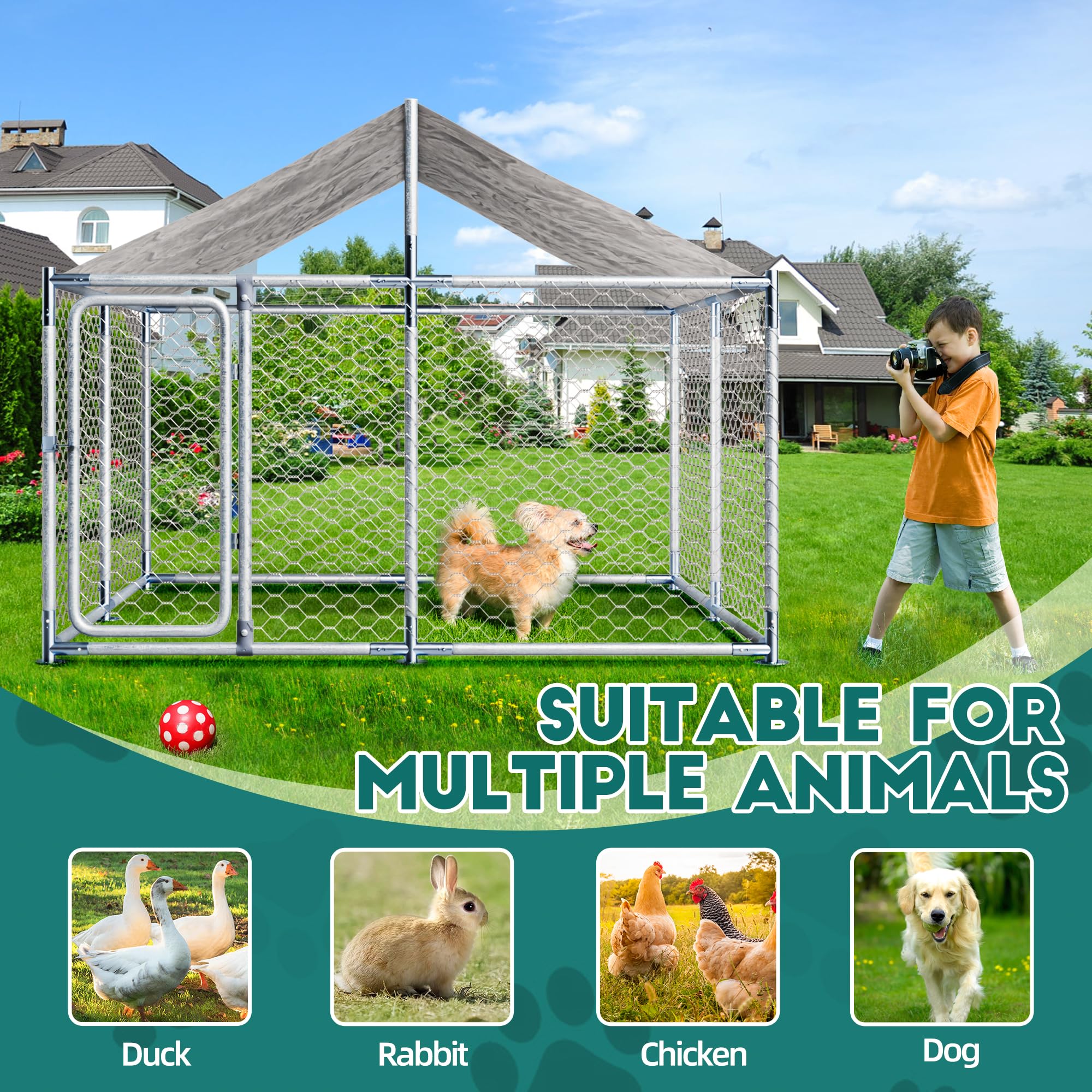 Heavy Duty Outdoor Dog Kennel - 7.5x7.5ft Galvanized Steel Dog Cage with Roof, UV & Water Resistant - Secure Playpen for Small, Medium & Large Dogs - Perfect for Backyard, Patio & Camping Use