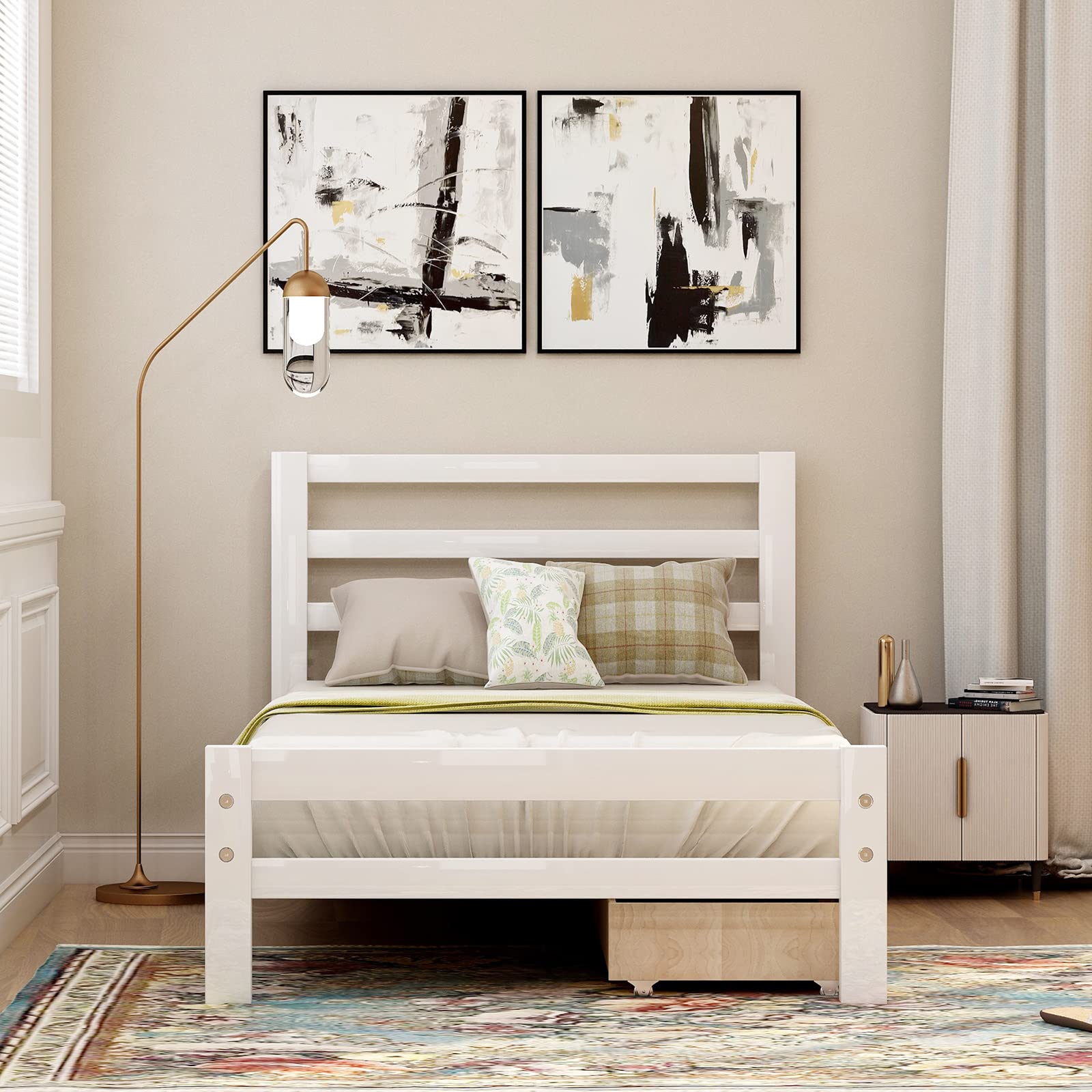 White Twin Size Wood Platform Bed Frame with 2 Storage Drawers - Sturdy 10-Slat Support for Kids, Teens & Adults - No Box Spring Needed - Perfect for Small Bedrooms, Dorms & Guest Rooms