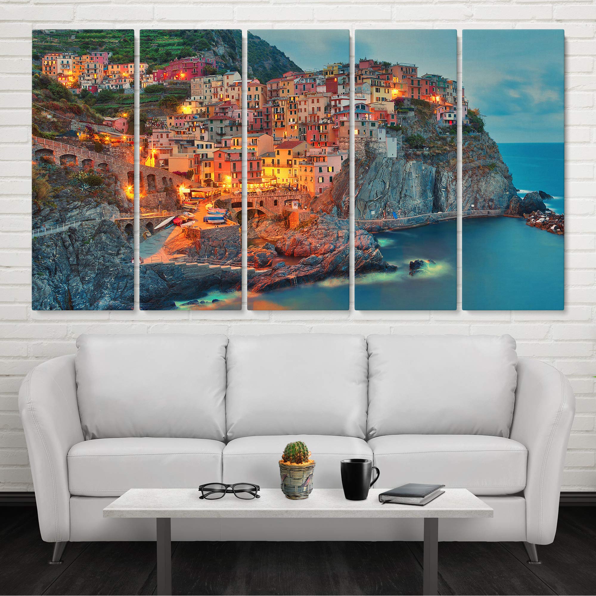 Manarola Cinque Terre Italy Liguria Houses Canvas Art Print - 5 Piece Cinema Landscape Wall Art for Home Decor, Travel Enthusiasts & Living Room Aesthetic