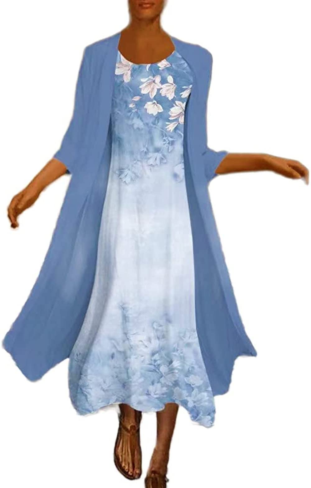 Women's Floral Print Chiffon Dress with Sleeveless Cardigan 2-Piece Set - 3/4 Sleeve, Irregular Hem Wedding Guest Outfit for Summer Parties & Special Occasions