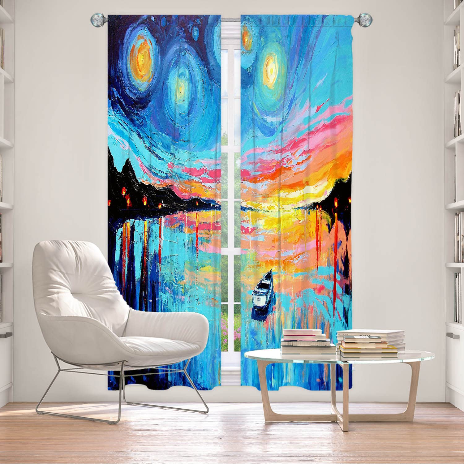 USA Made Lined Window Curtains - DiaNoche Designs Unique Decorative Funky Cool Midnight Harbor Pattern | Blackout Drapes for Living Room, Bedroom & Nursery