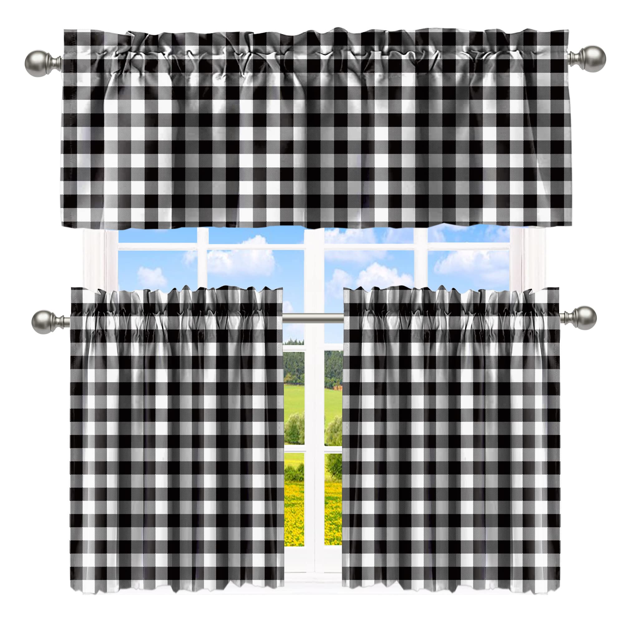 Buffalo Check Black and White Farmhouse Kitchen Window Curtains Set - Tier Curtains & Valances with Rod Pocket for Rustic Home Decor, Perfect for Country Style Kitchens, Dining Rooms and Cozy Farmhouse Windows