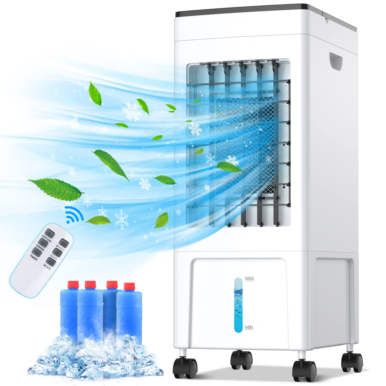 4-in-1 Portable Evaporative Air Cooler with 8L Water Tank - 60W Cooling Fan, Humidifier & Air Purifier - 3 Speed Modes, 1-8H Timer & Remote Control - Includes 4 Ice Boxes for Home, Office, Kitchen - Perfect for Summer Cooling & Indoor Air Circulation