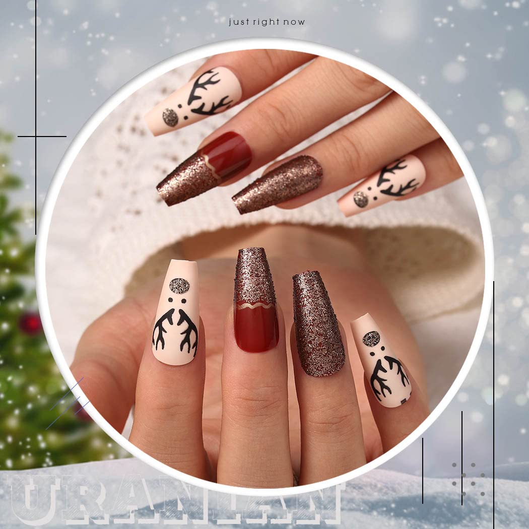 Uranian Christmas Press on Nails - 24pcs Long Red Coffin Fake Nails with Snowflake & Stripes Design, Glossy Santa Claus & Elk Glitter French Tip Acrylic Nails for Women & Girls | Holiday Parties, Gift Giving, Festive Nail Art
