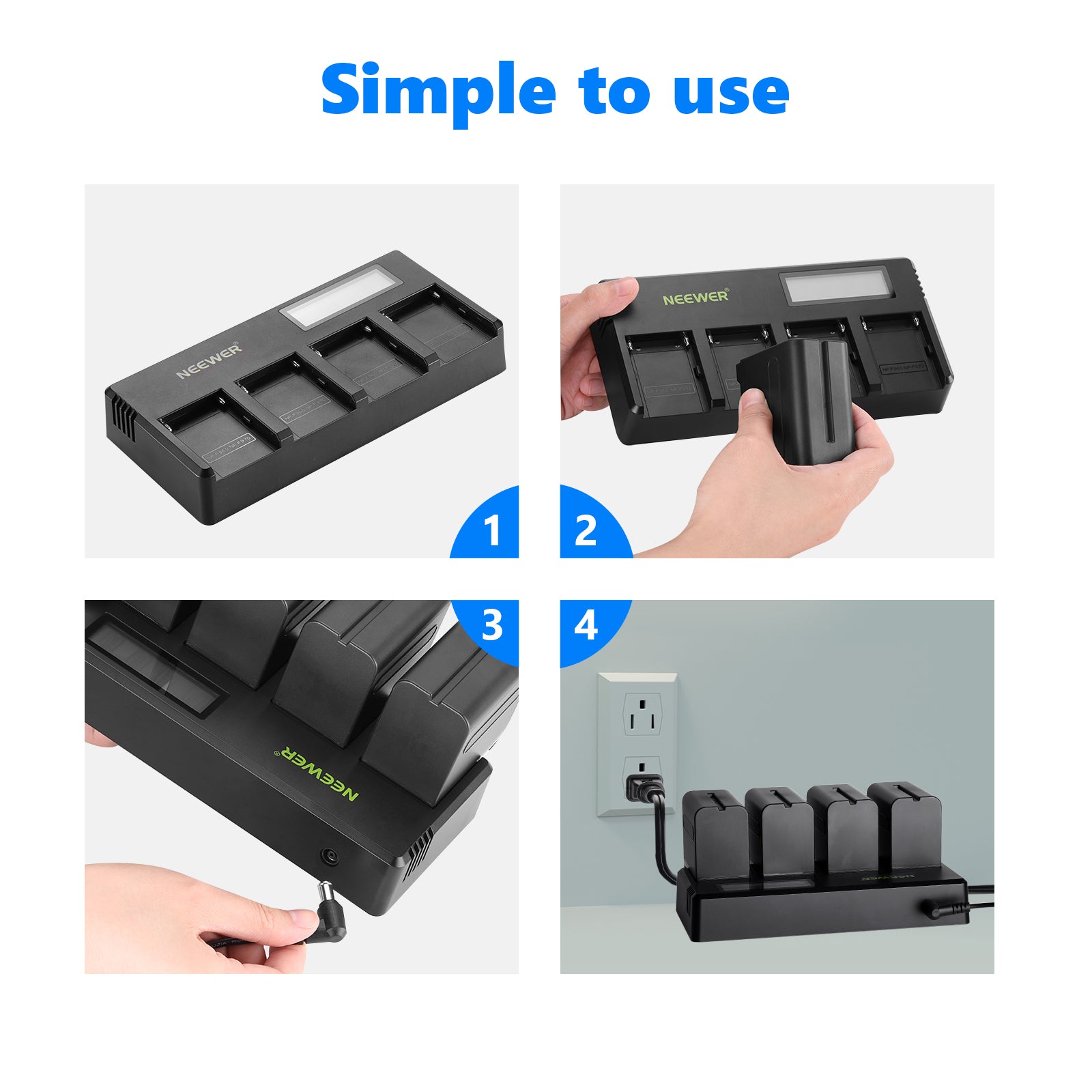 NEEWER DP F970 4-Channel Sony NP-F Battery Charger for Cameras - Fast Charging for Sony NP-F550 NP-F570 NP-F750 NP-F970 Batteries - Perfect for Photography, Videography, and Professional Video Equipment