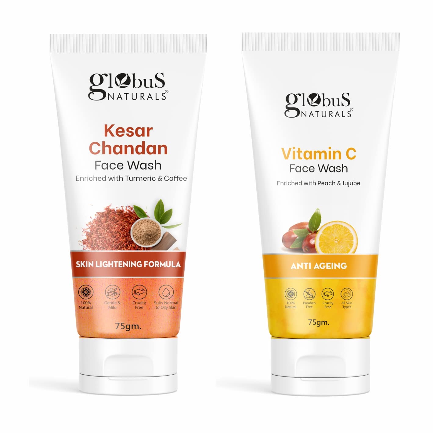 Globus Naturals Vitamin C & Kesar Chandan Face Wash Combo for Skin Brightening & Dark Spot Removal - 2x75ml Set for All Skin Types - Daily Skincare Routine & Acne Treatment