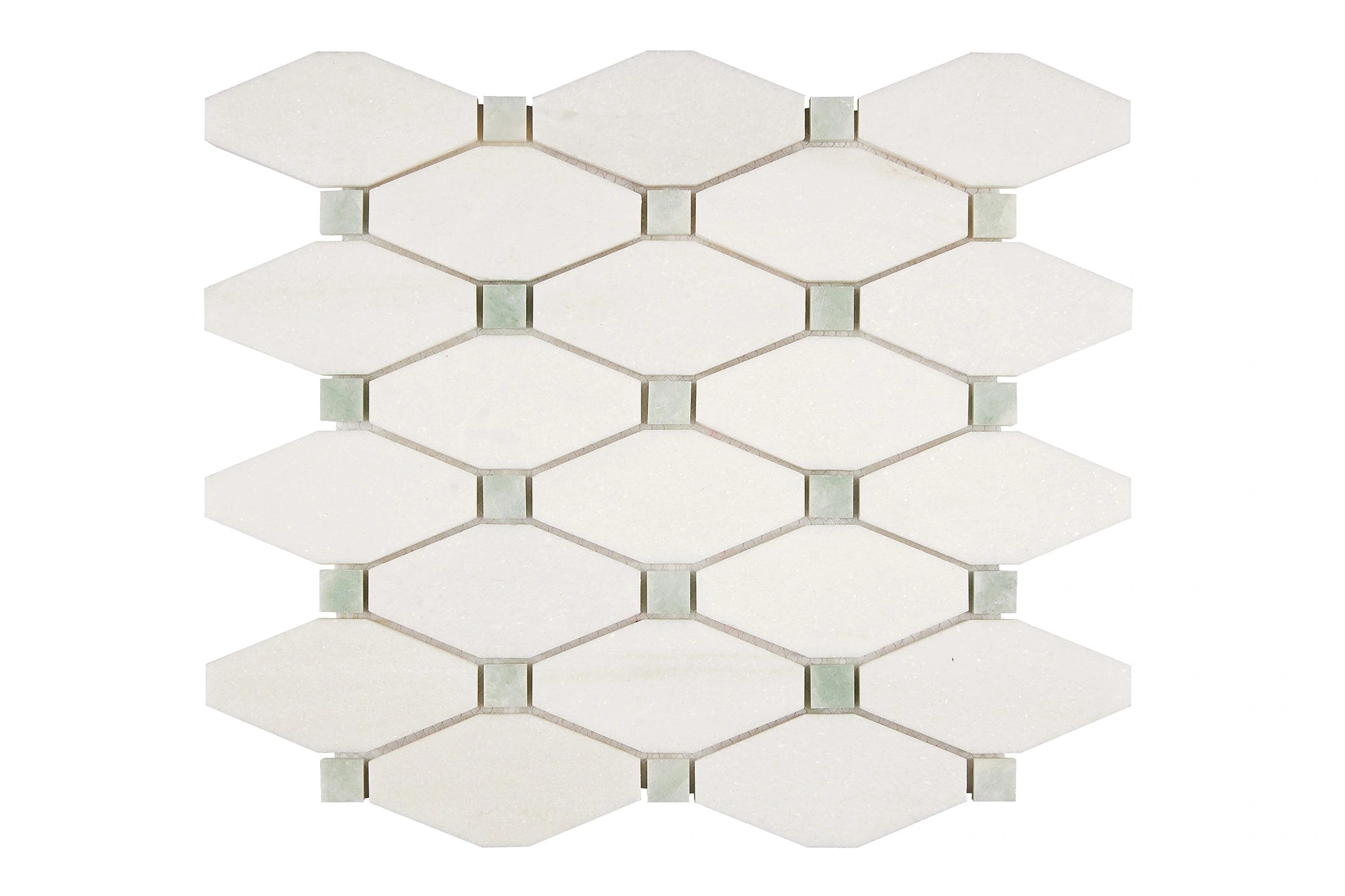 White Thassos Marble Elongated Hexagon Green Mosaic Tile - Premium Natural Stone Wall & Floor Decor for Bathroom, Kitchen Backsplash, and Pool Surrounds